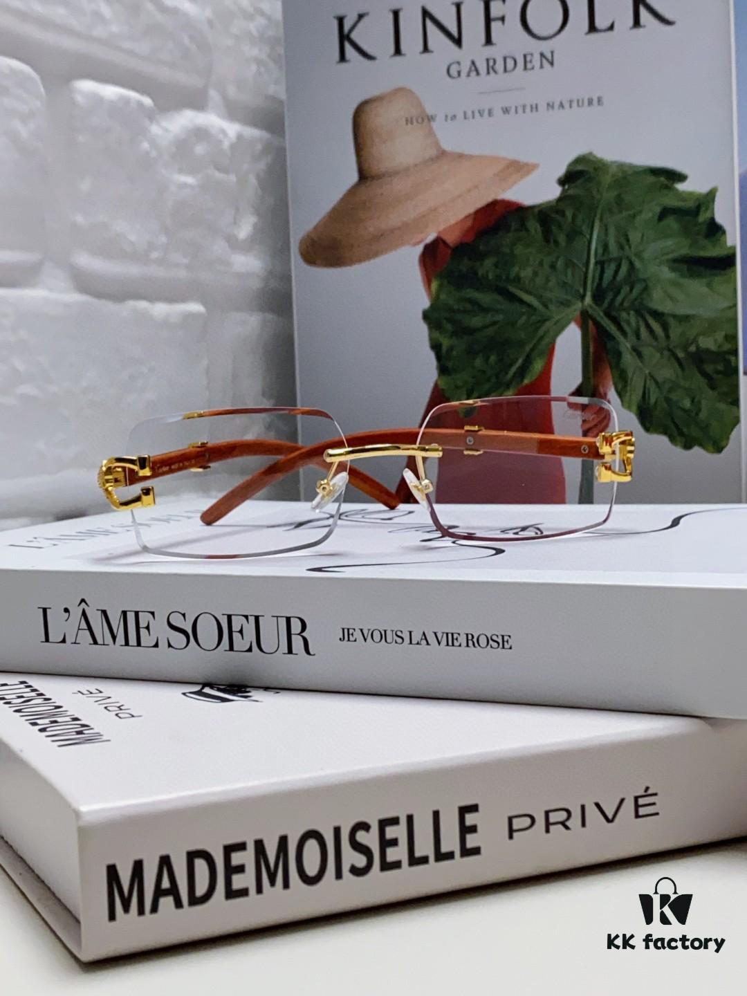 Cartier 2025 New Fashion Rimless Sunglasses with Unique Leopard Print and Woodgrain Temples, Square Frame Unisex Eyewear