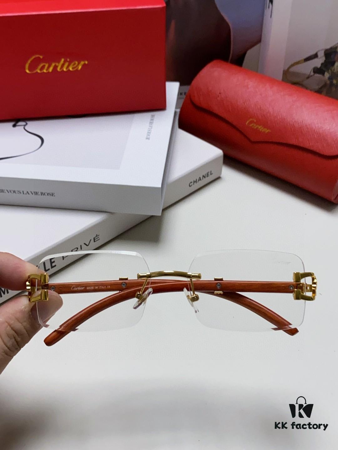 Cartier 2025 New Fashion Rimless Sunglasses with Unique Leopard Print and Woodgrain Temples, Square Frame Unisex Eyewear