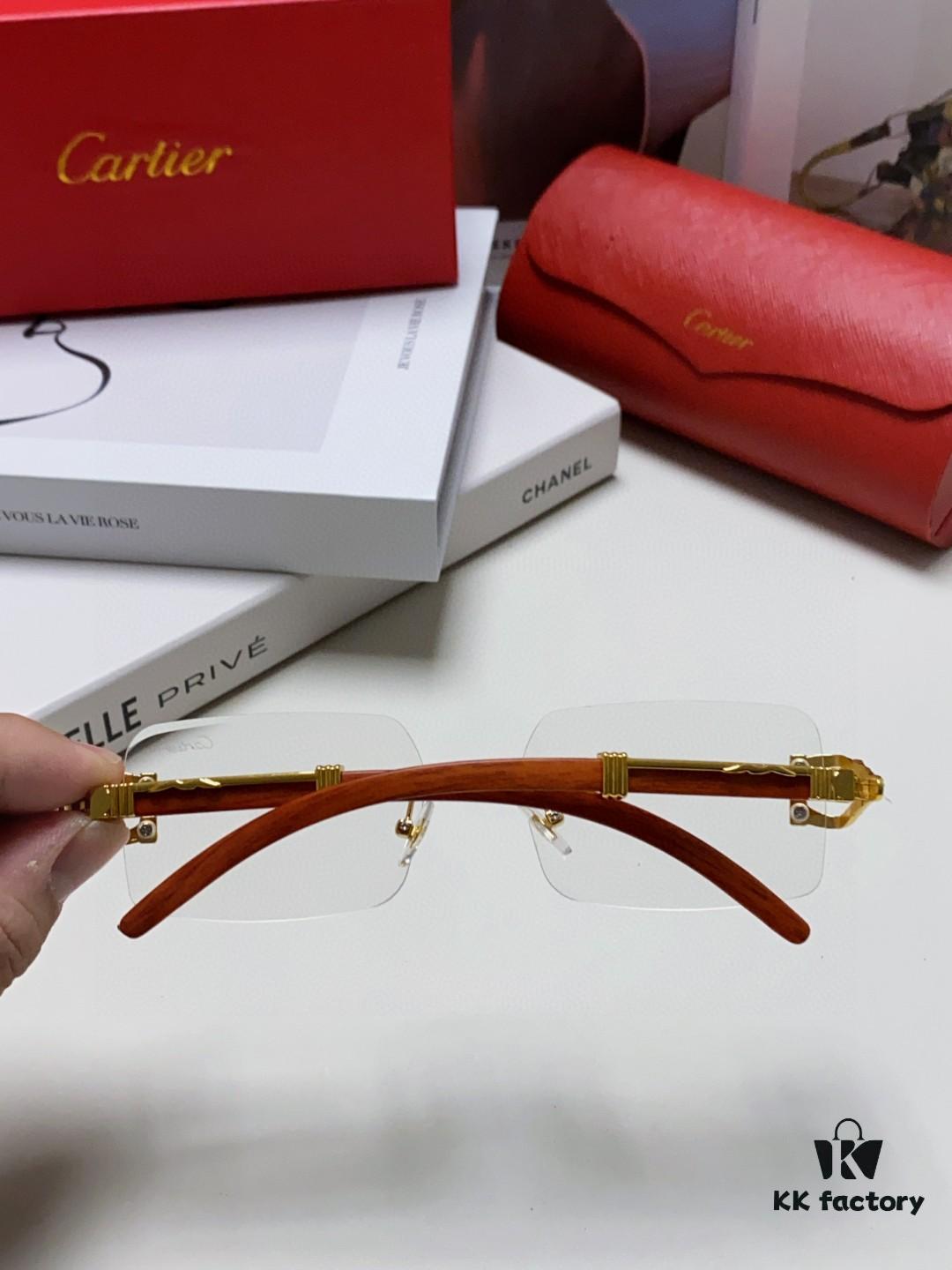 Cartier 2025 New Fashion Rimless Sunglasses with Unique Leopard Print and Woodgrain Temples, Square Frame Unisex Eyewear