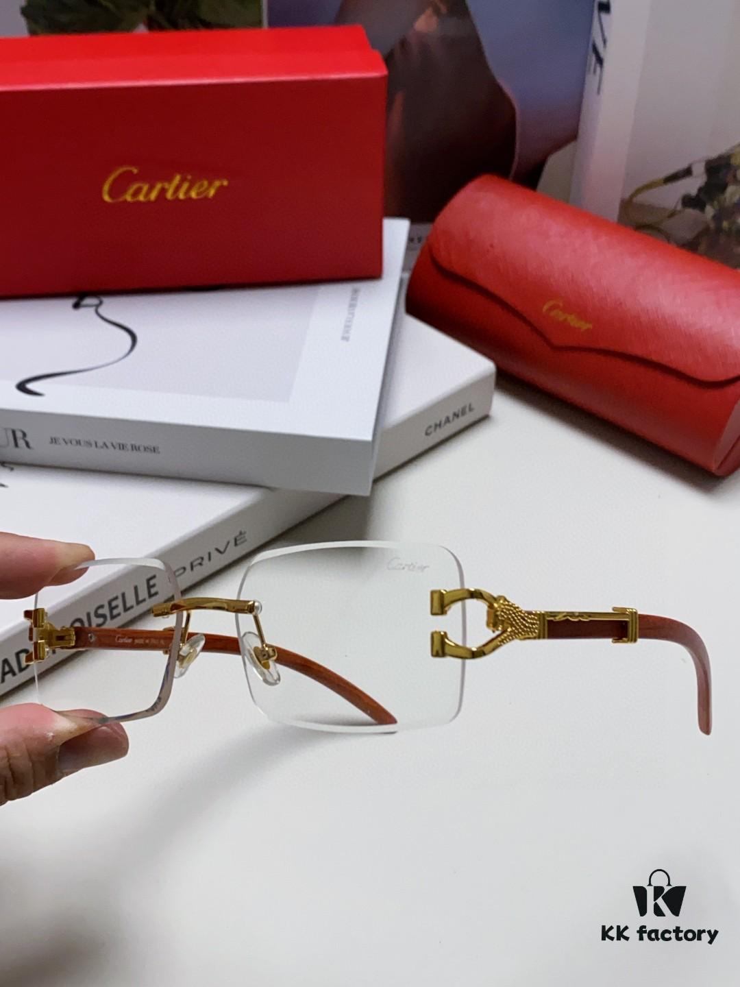 Cartier 2025 New Fashion Rimless Sunglasses with Unique Leopard Print and Woodgrain Temples, Square Frame Unisex Eyewear