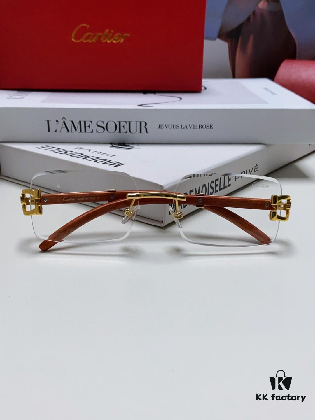 Cartier 2025 New Fashion Rimless Sunglasses with Unique Leopard Print and Woodgrain Temples, Square Frame Unisex Eyewear
