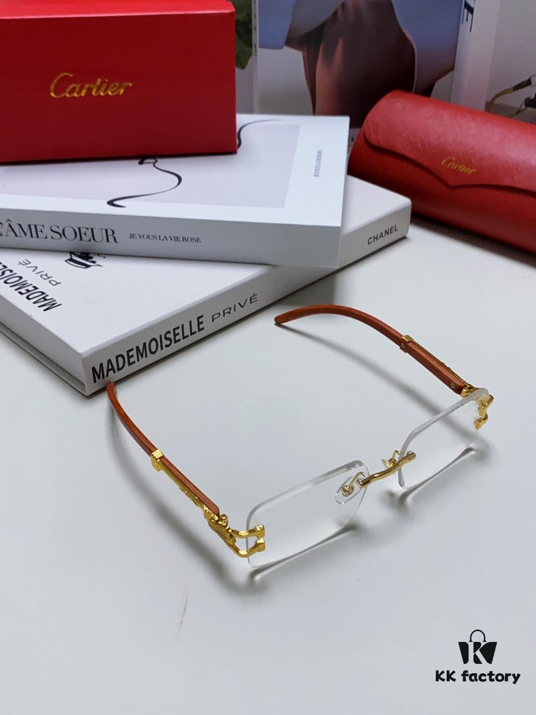 Cartier 2025 New Fashion Rimless Sunglasses with Unique Leopard Print and Woodgrain Temples, Square Frame Unisex Eyewear