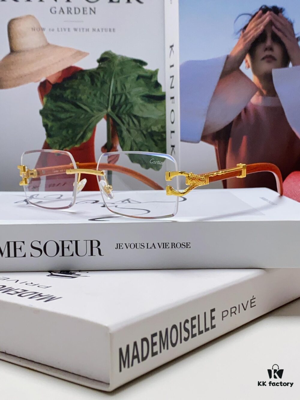 Cartier 2024 New Fashion Rimless Sunglasses with Leopard Print and Wood-Grain Temples, Square Unisex Eyewear Suitable for Prescription Lenses