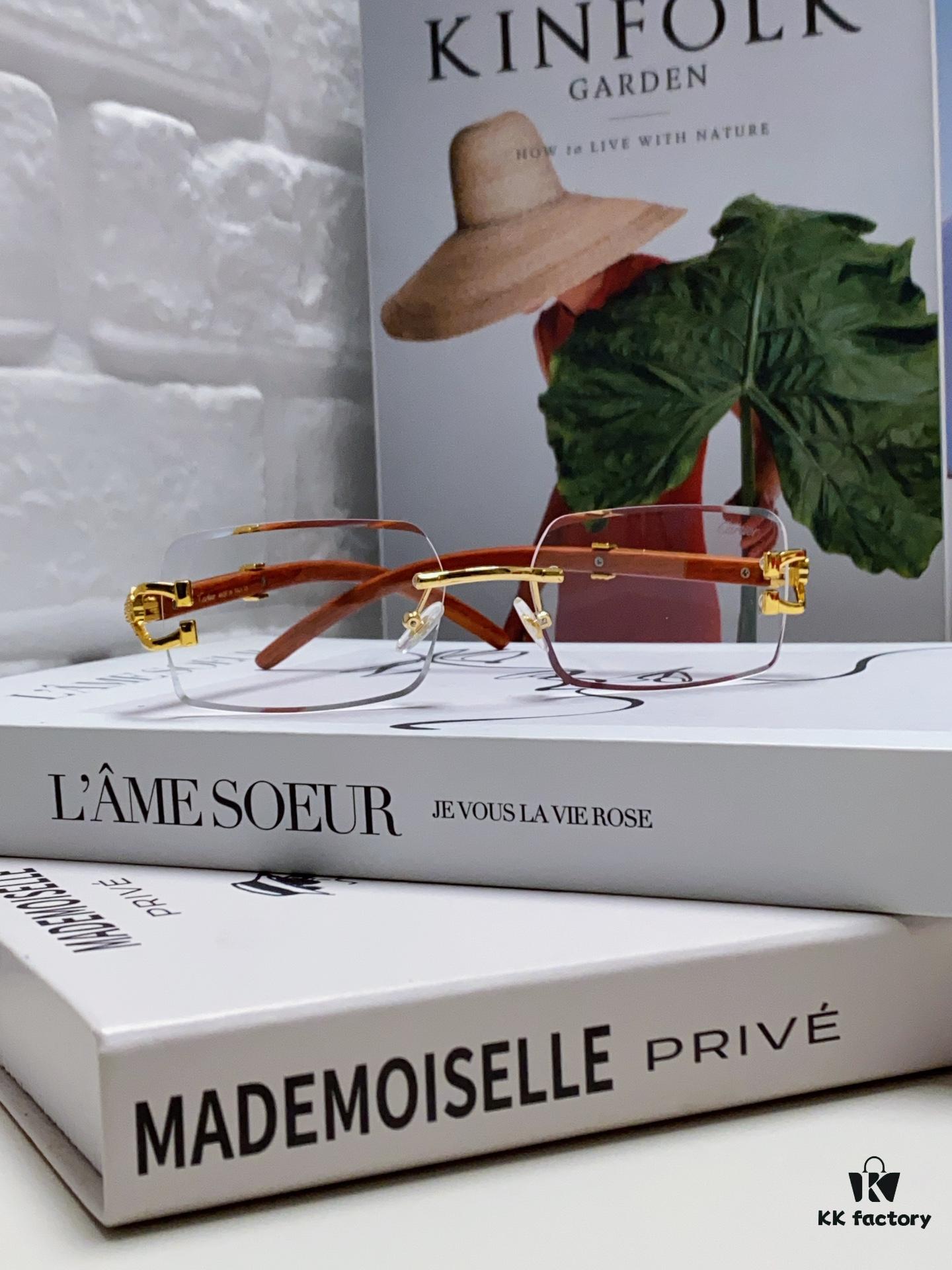 Cartier 2024 New Fashion Rimless Sunglasses with Leopard Print and Wood-Grain Temples, Square Unisex Eyewear Suitable for Prescription Lenses