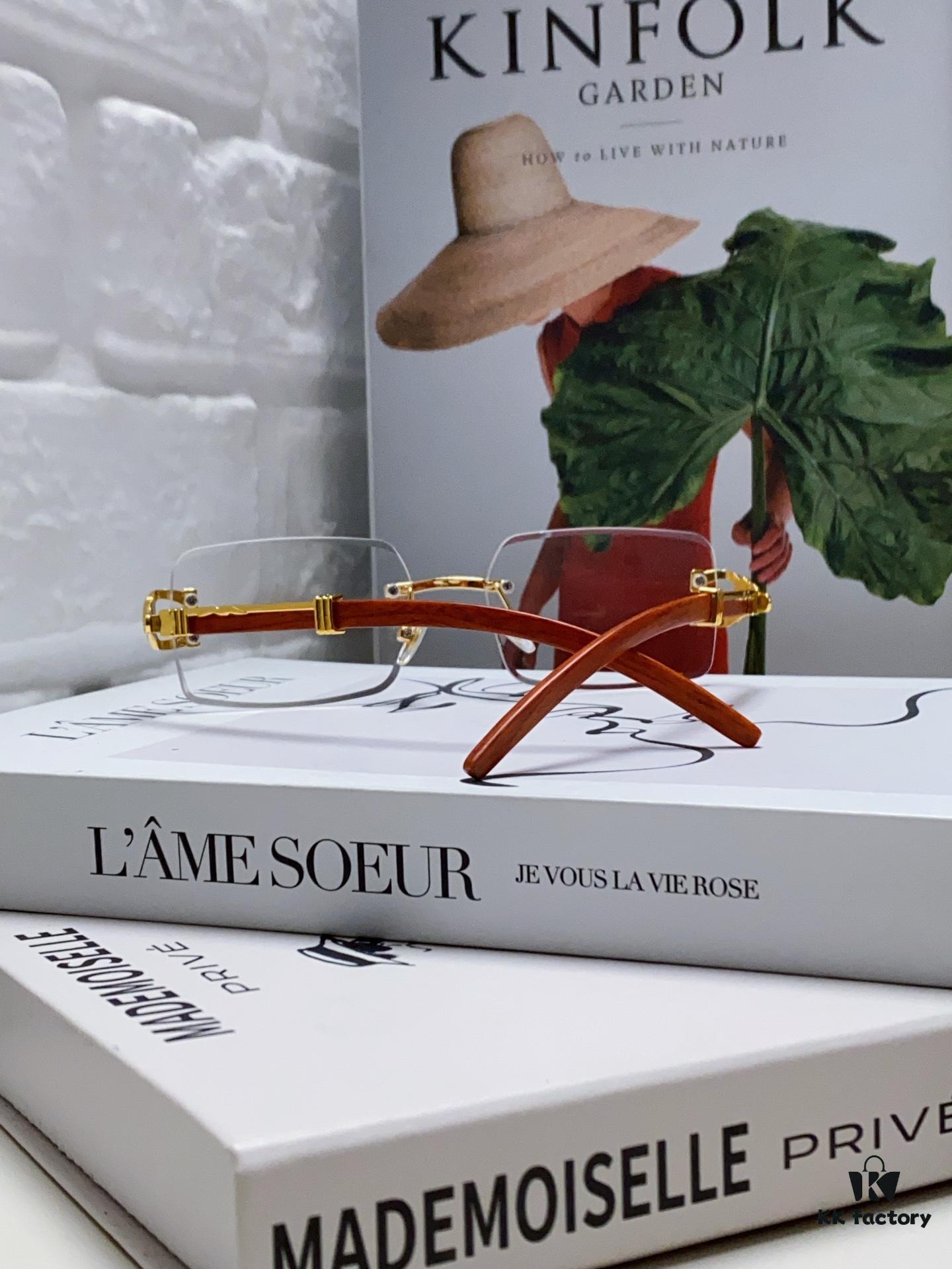 Cartier 2024 New Fashion Rimless Sunglasses with Leopard Print and Wood-Grain Temples, Square Unisex Eyewear Suitable for Prescription Lenses