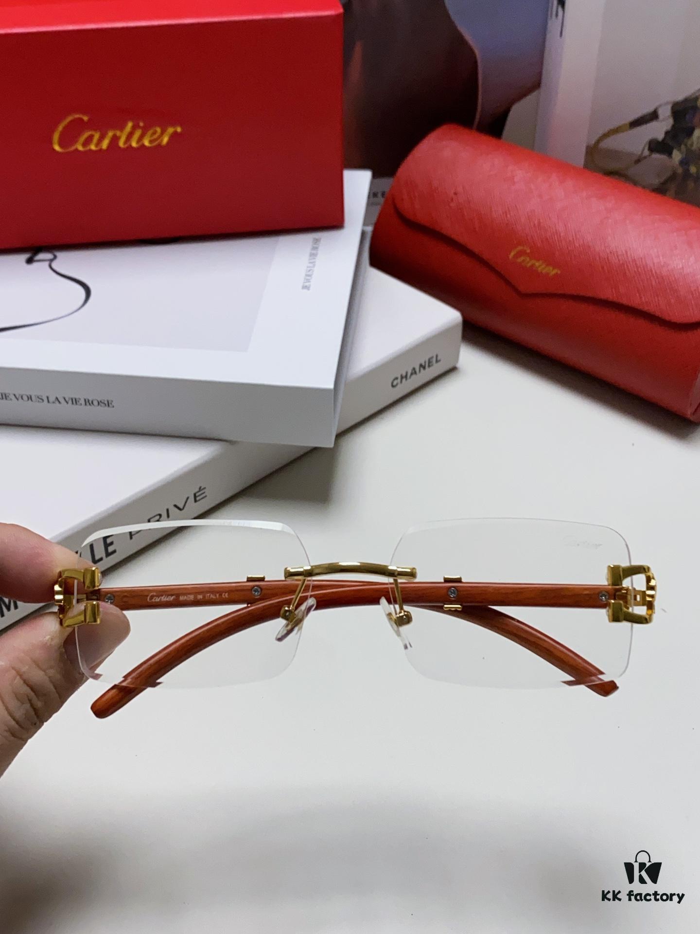 Cartier 2024 New Fashion Rimless Sunglasses with Leopard Print and Wood-Grain Temples, Square Unisex Eyewear Suitable for Prescription Lenses