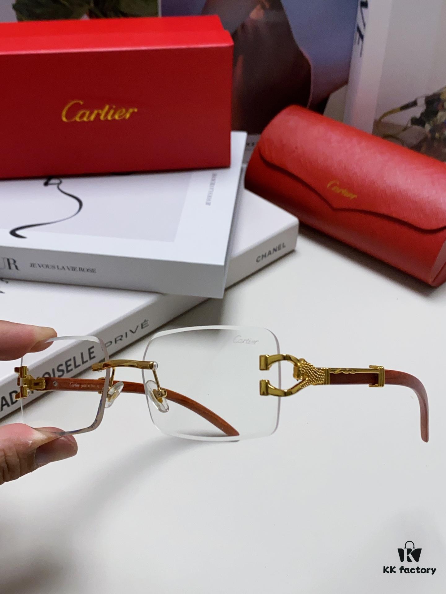 Cartier 2024 New Fashion Rimless Sunglasses with Leopard Print and Wood-Grain Temples, Square Unisex Eyewear Suitable for Prescription Lenses