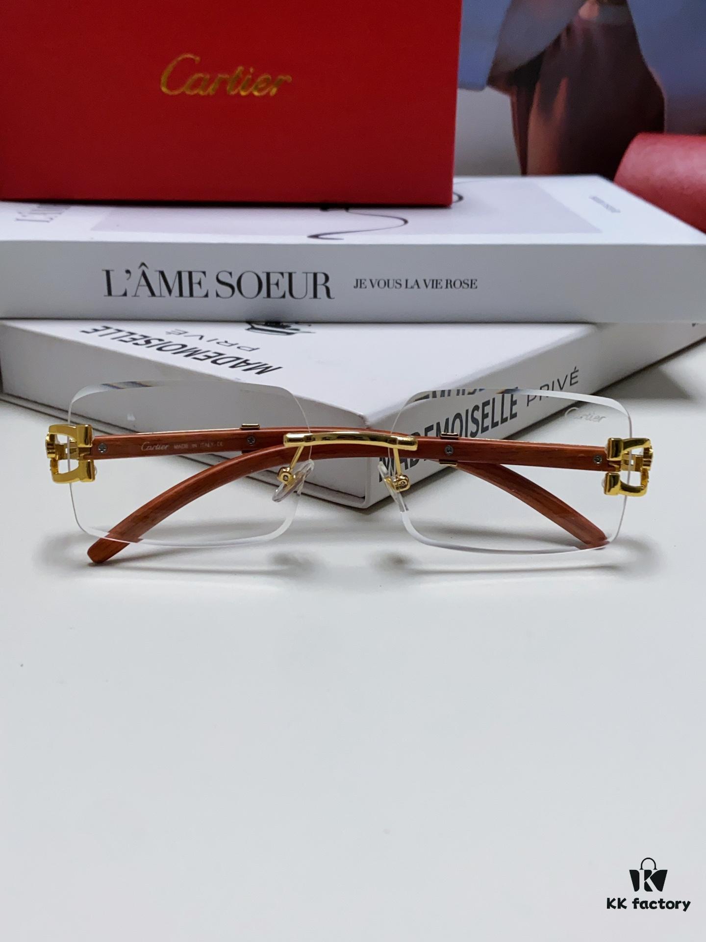 Cartier 2024 New Fashion Rimless Sunglasses with Leopard Print and Wood-Grain Temples, Square Unisex Eyewear Suitable for Prescription Lenses