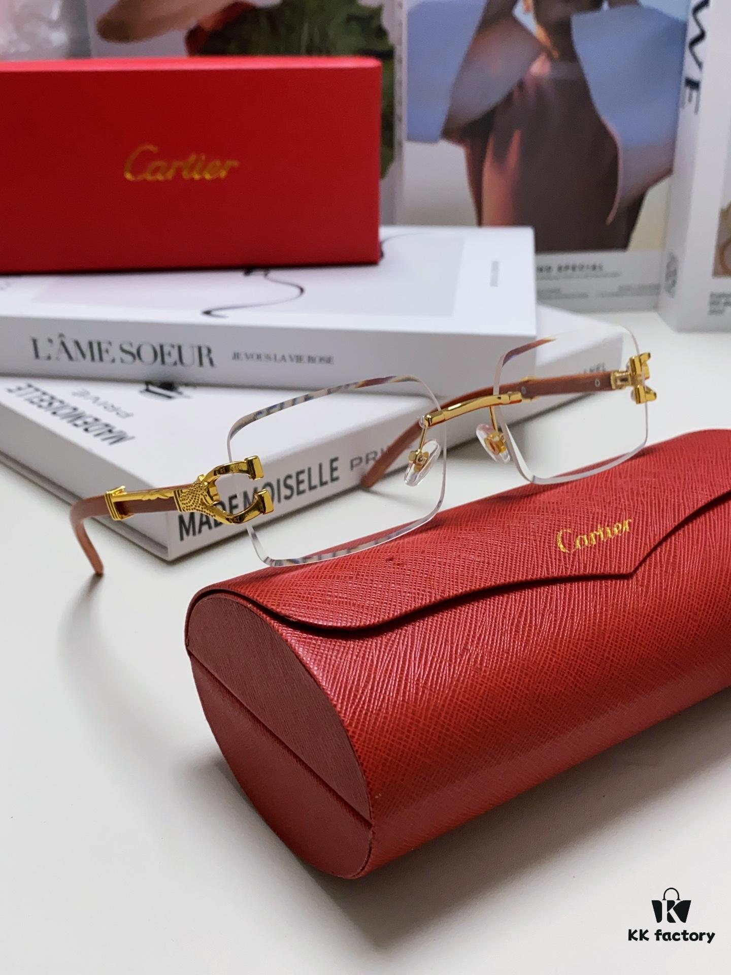 Cartier 2024 New Fashion Rimless Sunglasses with Leopard Print and Wood-Grain Temples, Square Unisex Eyewear Suitable for Prescription Lenses