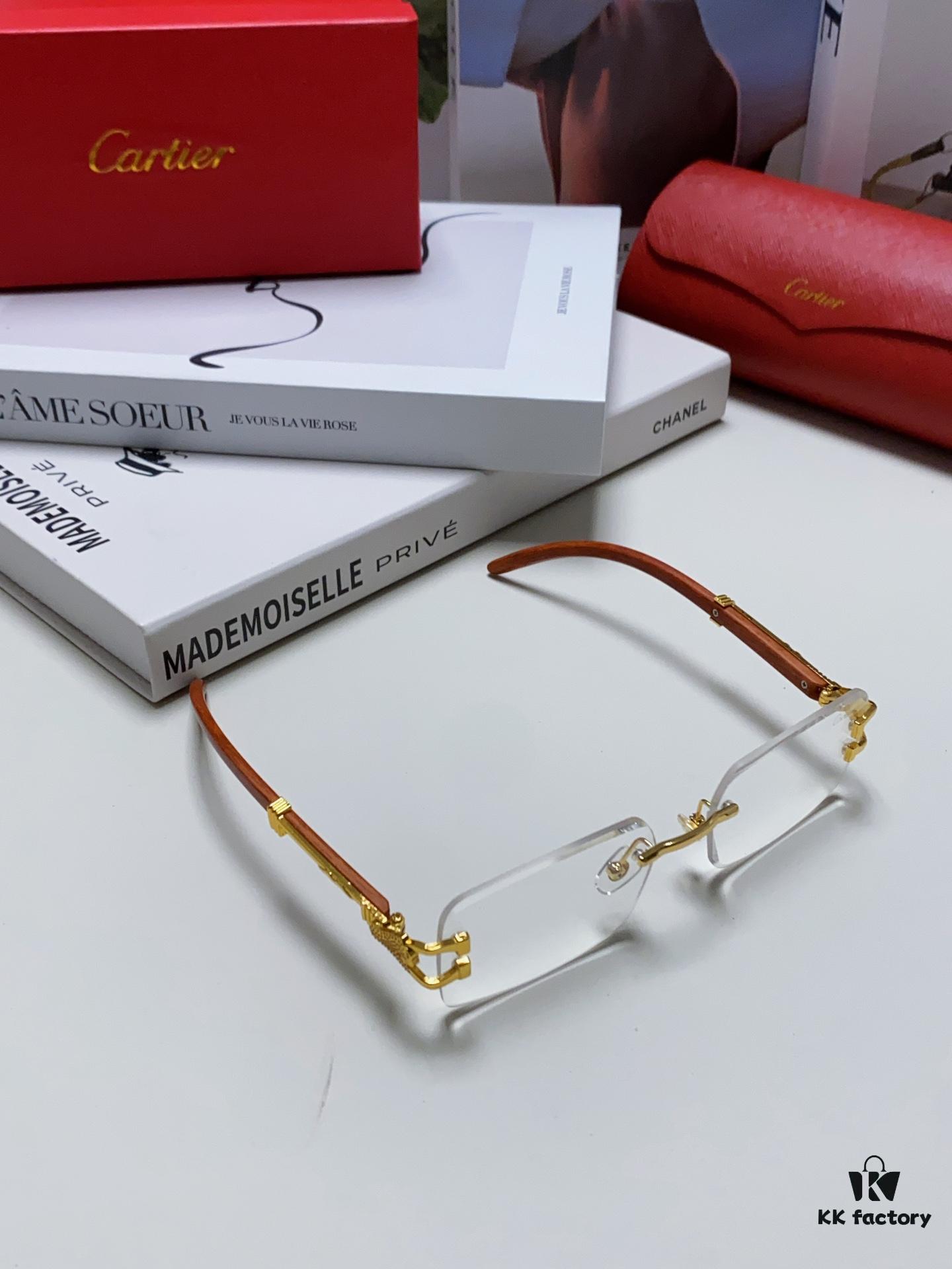 Cartier 2024 New Fashion Rimless Sunglasses with Leopard Print and Wood-Grain Temples, Square Unisex Eyewear Suitable for Prescription Lenses