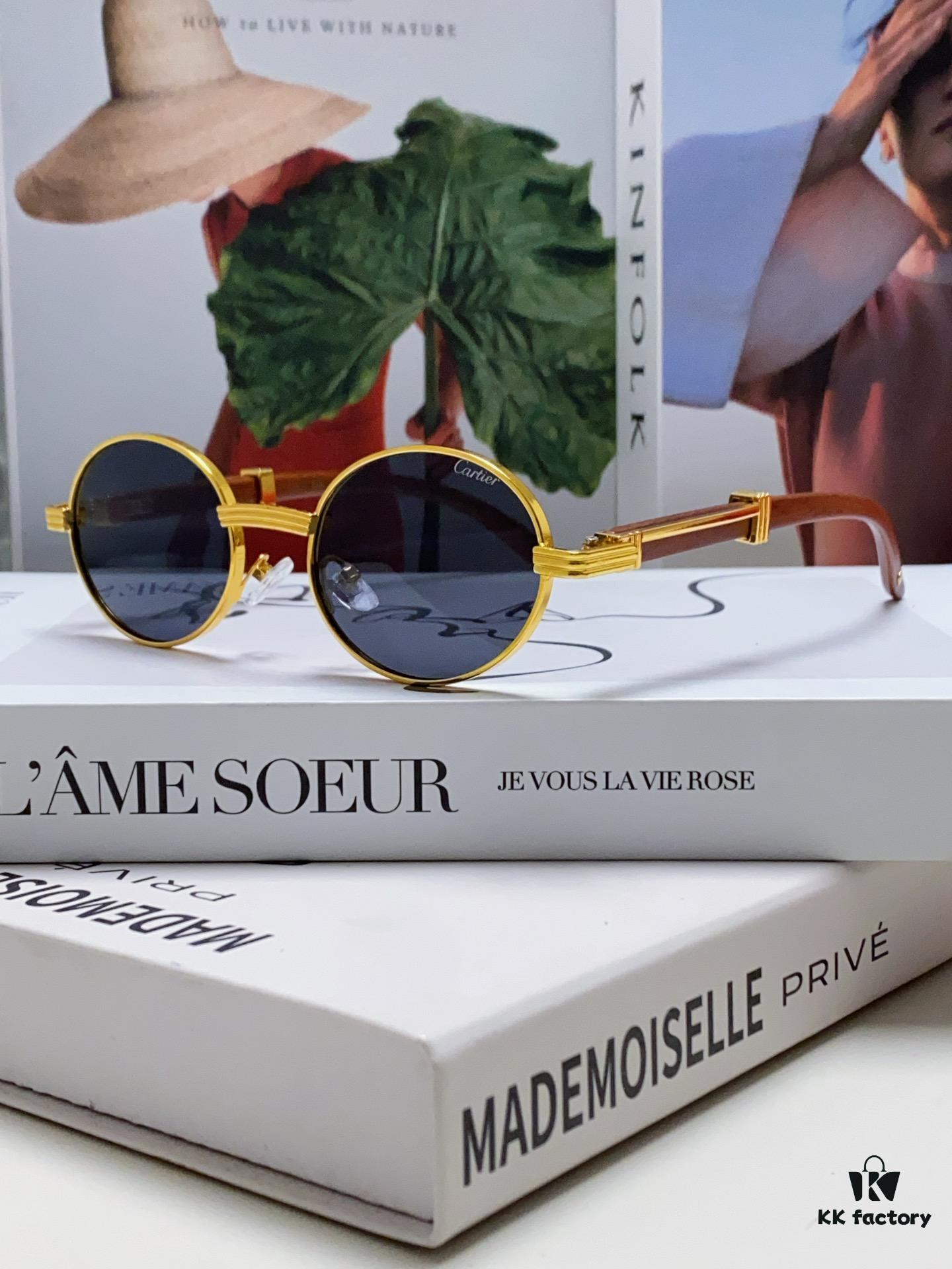 Cartier 2024 New Retro Wood-Grain Pattern Round Frame Sunglasses, Stylish UV-Protective Unisex Sun Glasses CT0464S