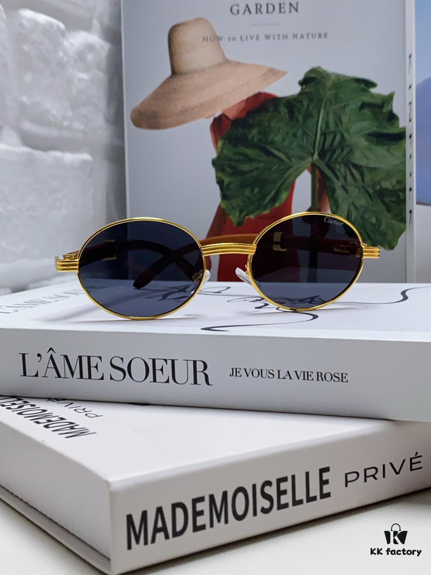 Cartier 2024 New Retro Wood-Grain Pattern Round Frame Sunglasses, Stylish UV-Protective Unisex Sun Glasses CT0464S