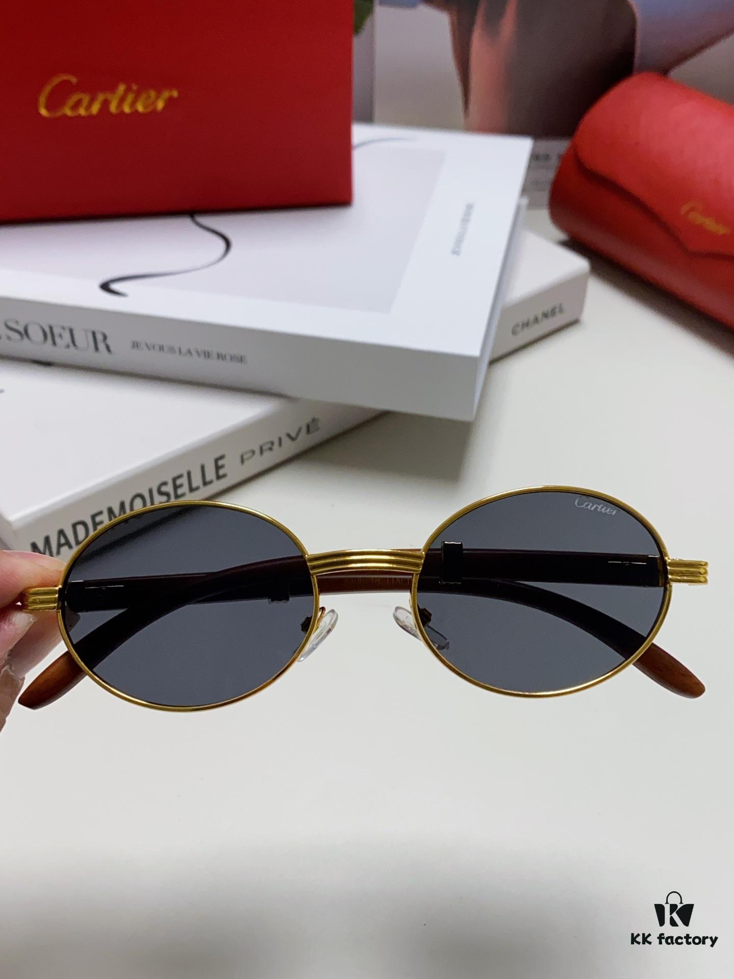 Cartier 2024 New Retro Wood-Grain Pattern Round Frame Sunglasses, Stylish UV-Protective Unisex Sun Glasses CT0464S