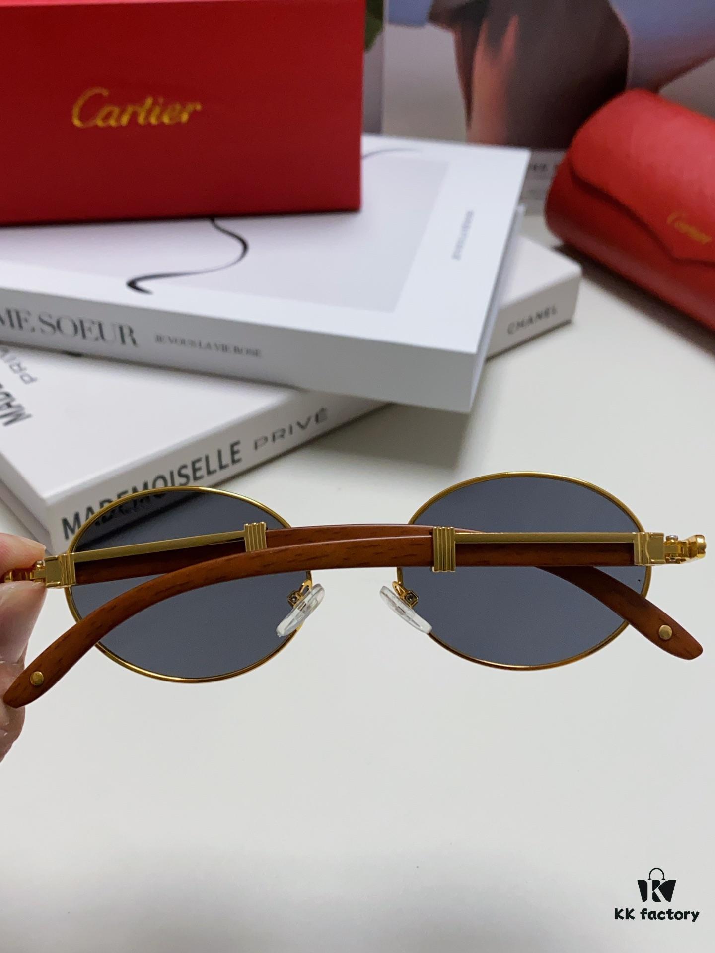 Cartier 2024 New Retro Wood-Grain Pattern Round Frame Sunglasses, Stylish UV-Protective Unisex Sun Glasses CT0464S