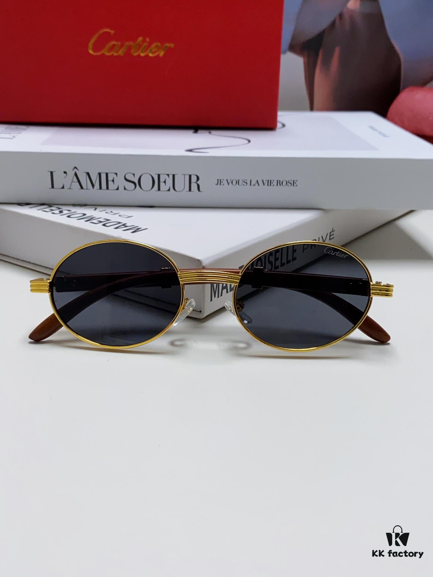 Cartier 2024 New Retro Wood-Grain Pattern Round Frame Sunglasses, Stylish UV-Protective Unisex Sun Glasses CT0464S