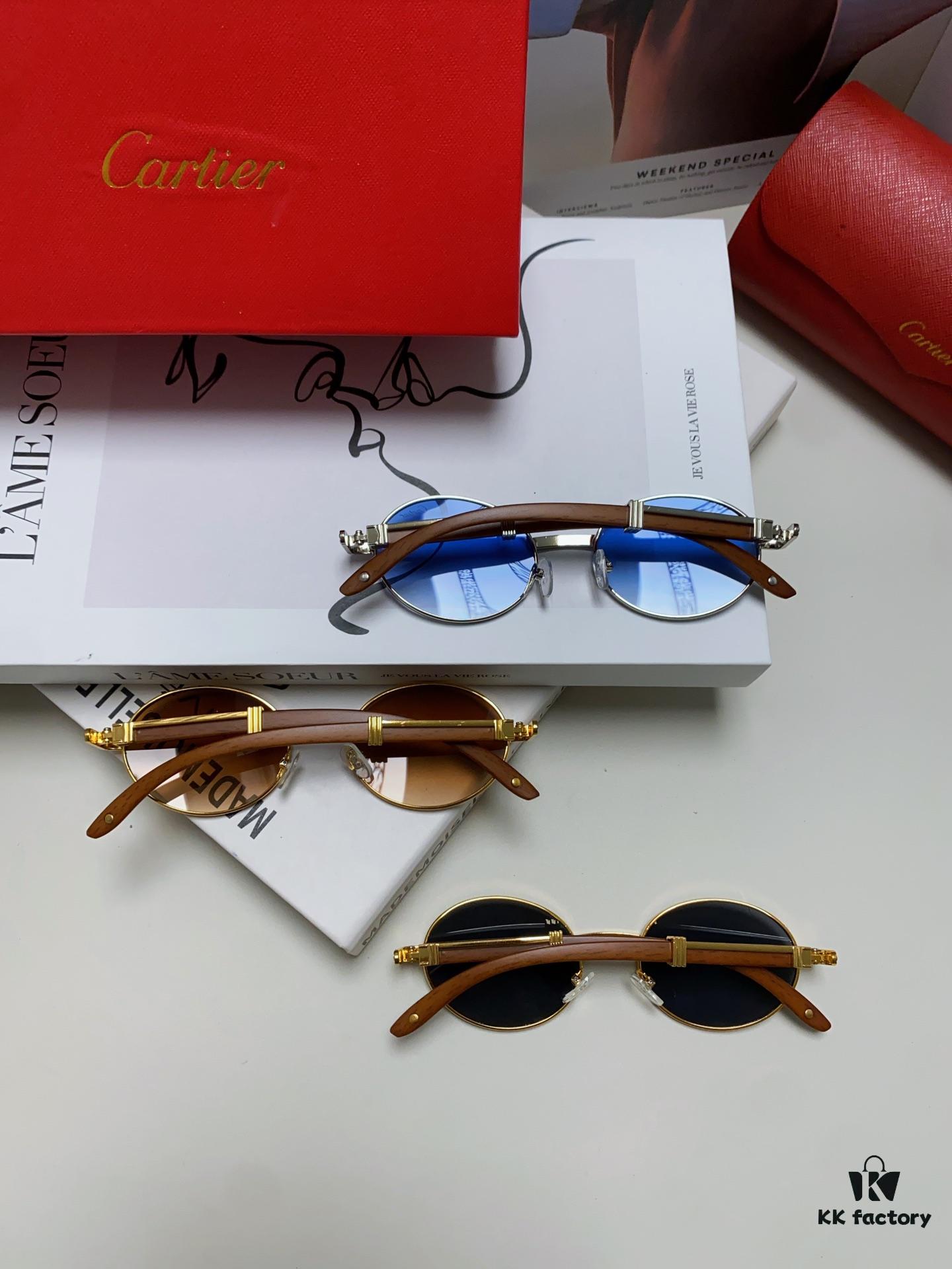 Cartier 2024 New Retro Wood-Grain Pattern Round Frame Sunglasses, Stylish UV-Protective Unisex Sun Glasses CT0464S