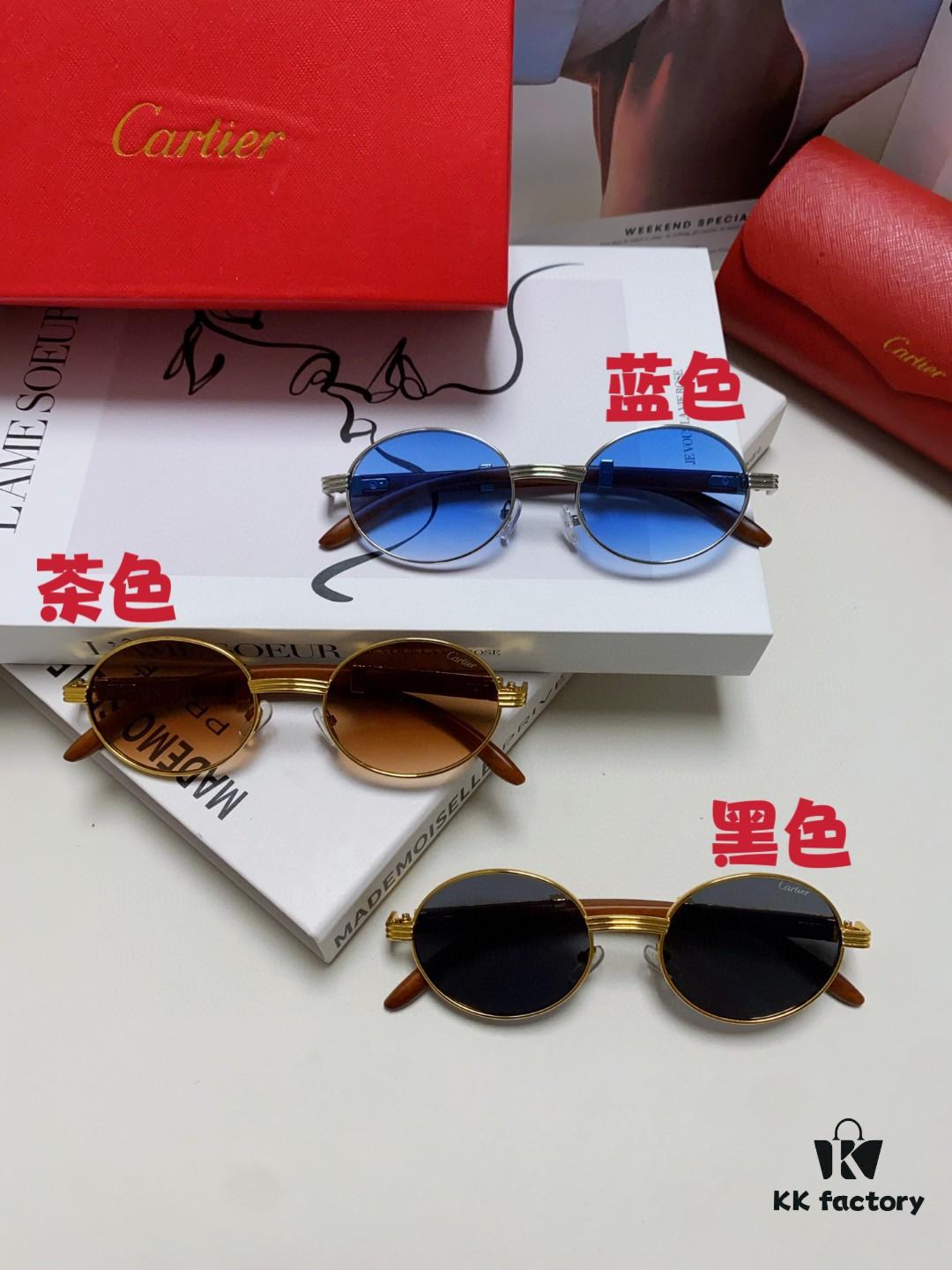 Cartier 2024 New Retro Wood-Grain Pattern Round Frame Sunglasses, Stylish UV-Protective Unisex Sun Glasses CT0464S