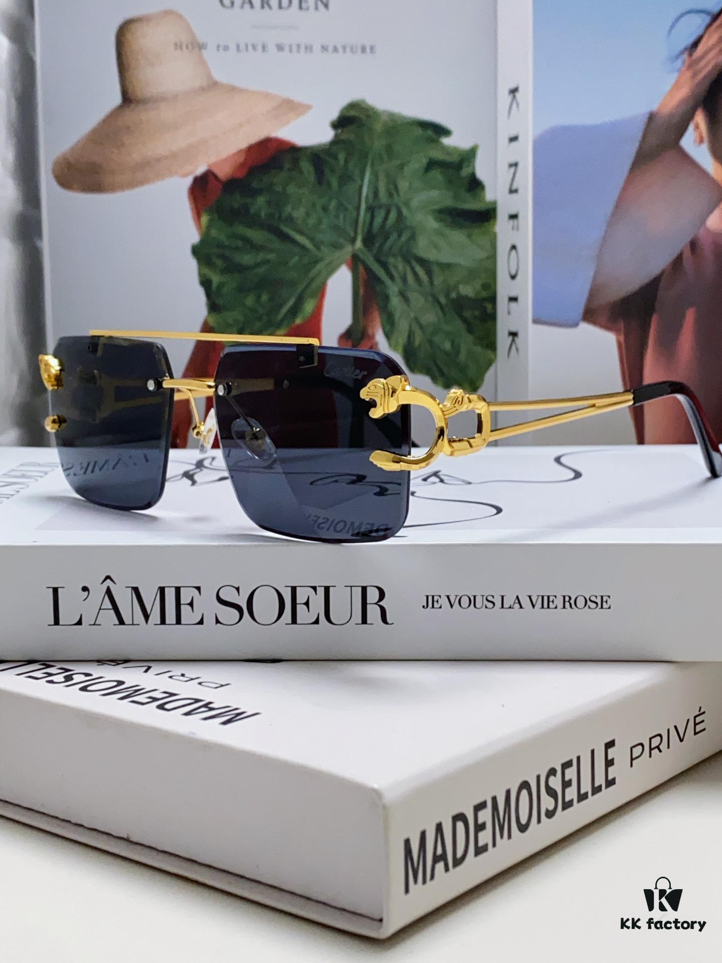 Cartier Unisex Double-Bar Cutout Rimless Sunglasses with Leopard Head Ornament, Vintage Bold and Elegant Style