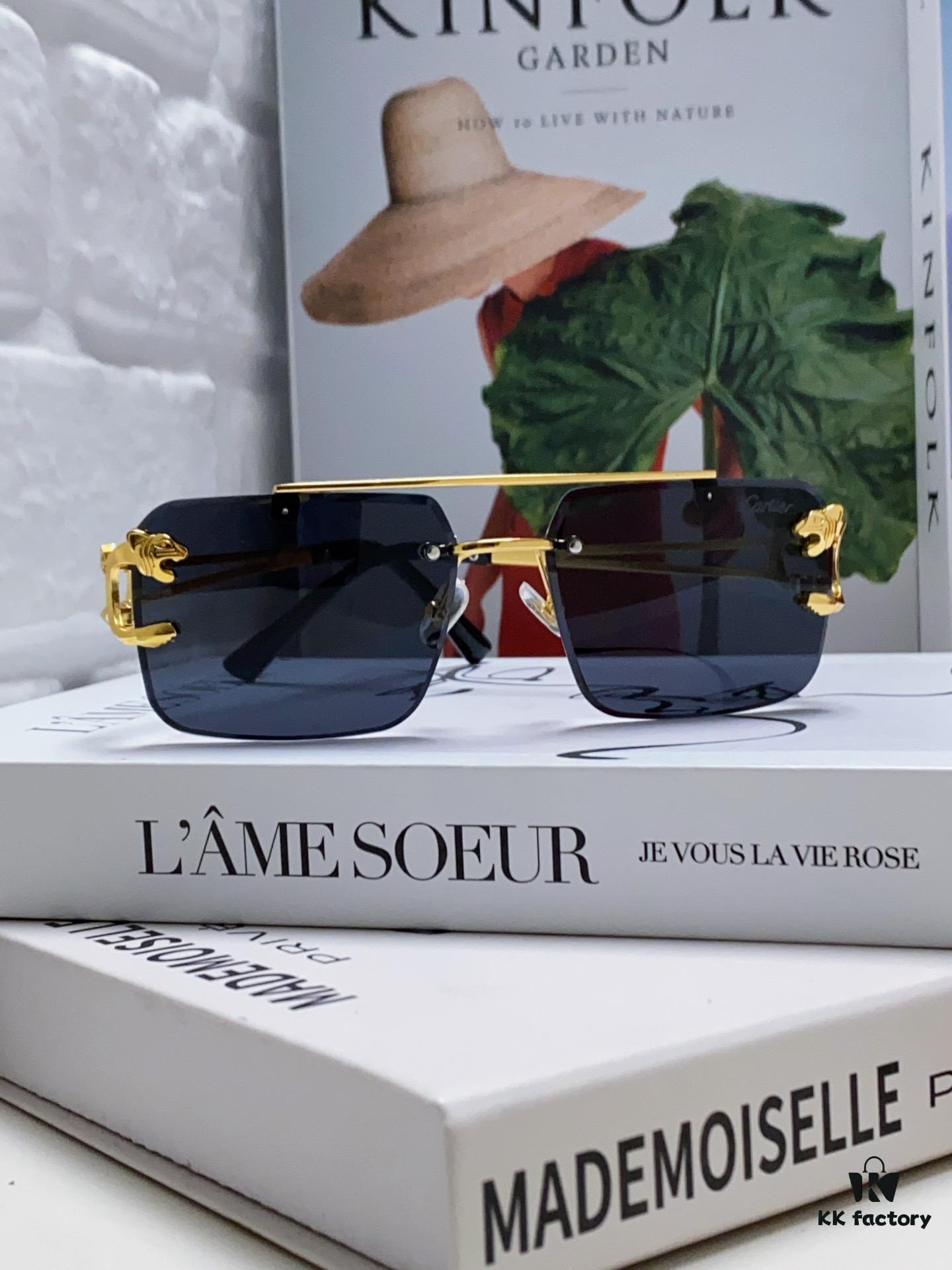 Cartier Unisex Double-Bar Cutout Rimless Sunglasses with Leopard Head Ornament, Vintage Bold and Elegant Style