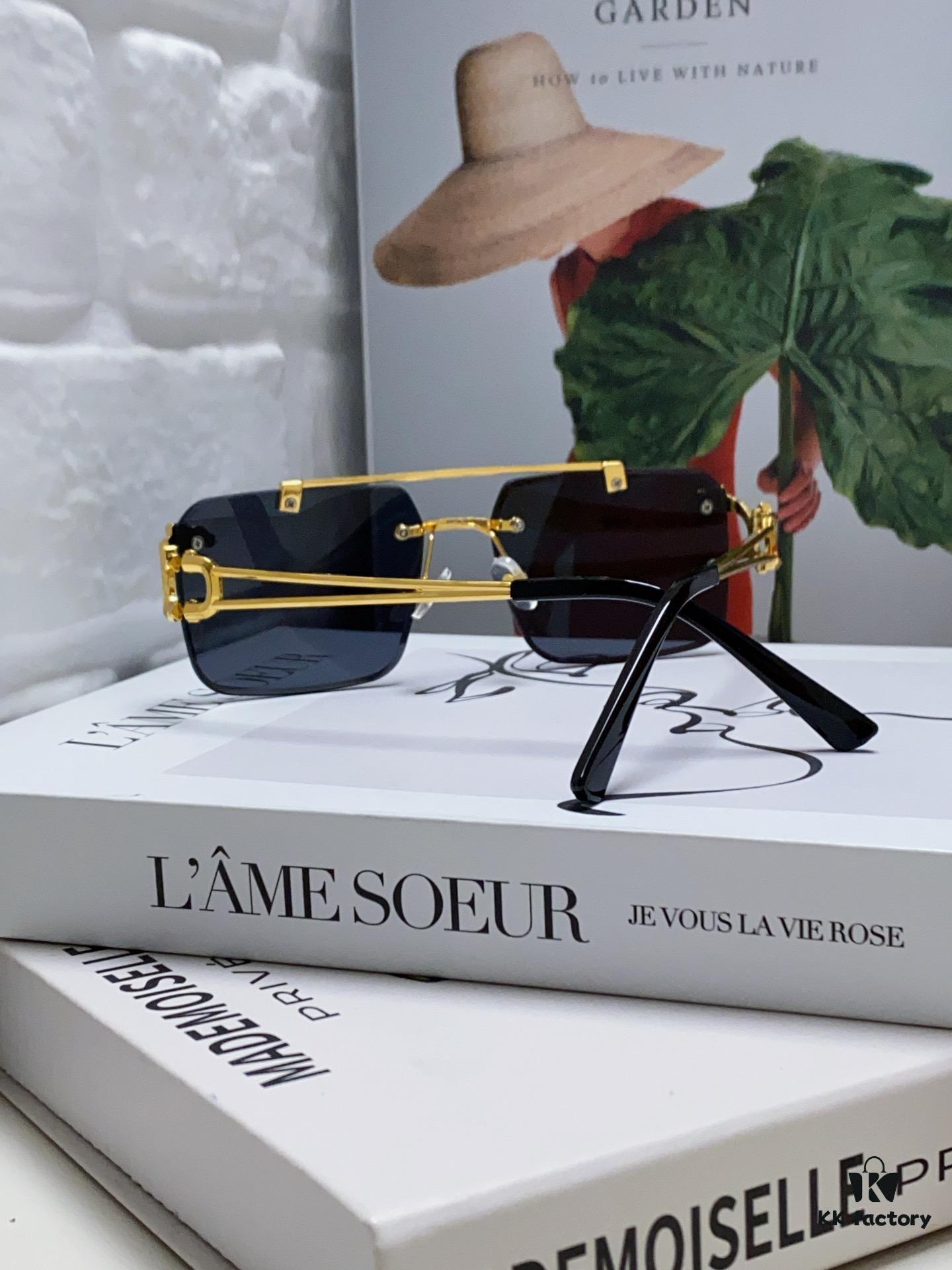 Cartier Unisex Double-Bar Cutout Rimless Sunglasses with Leopard Head Ornament, Vintage Bold and Elegant Style