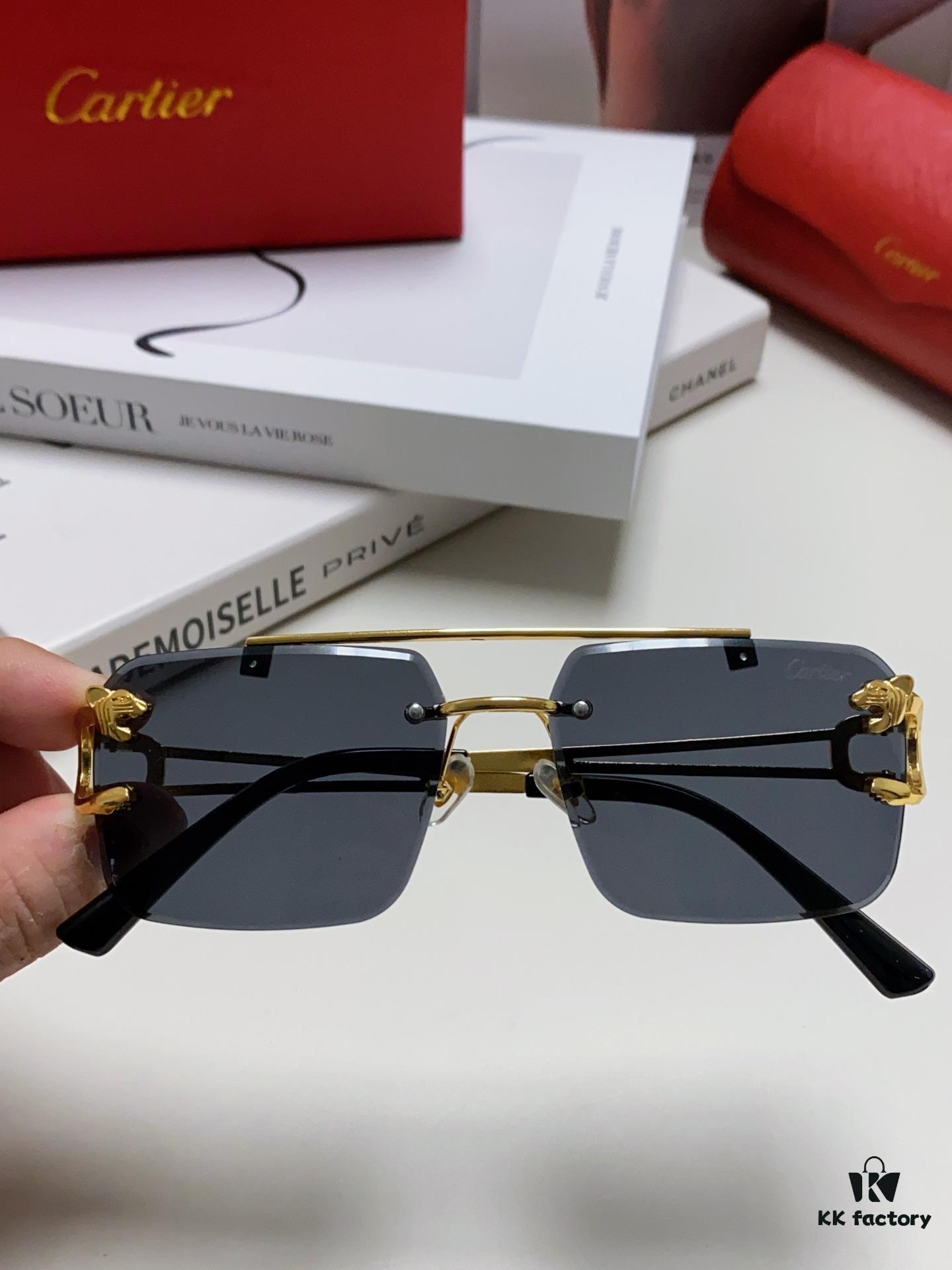 Cartier Unisex Double-Bar Cutout Rimless Sunglasses with Leopard Head Ornament, Vintage Bold and Elegant Style