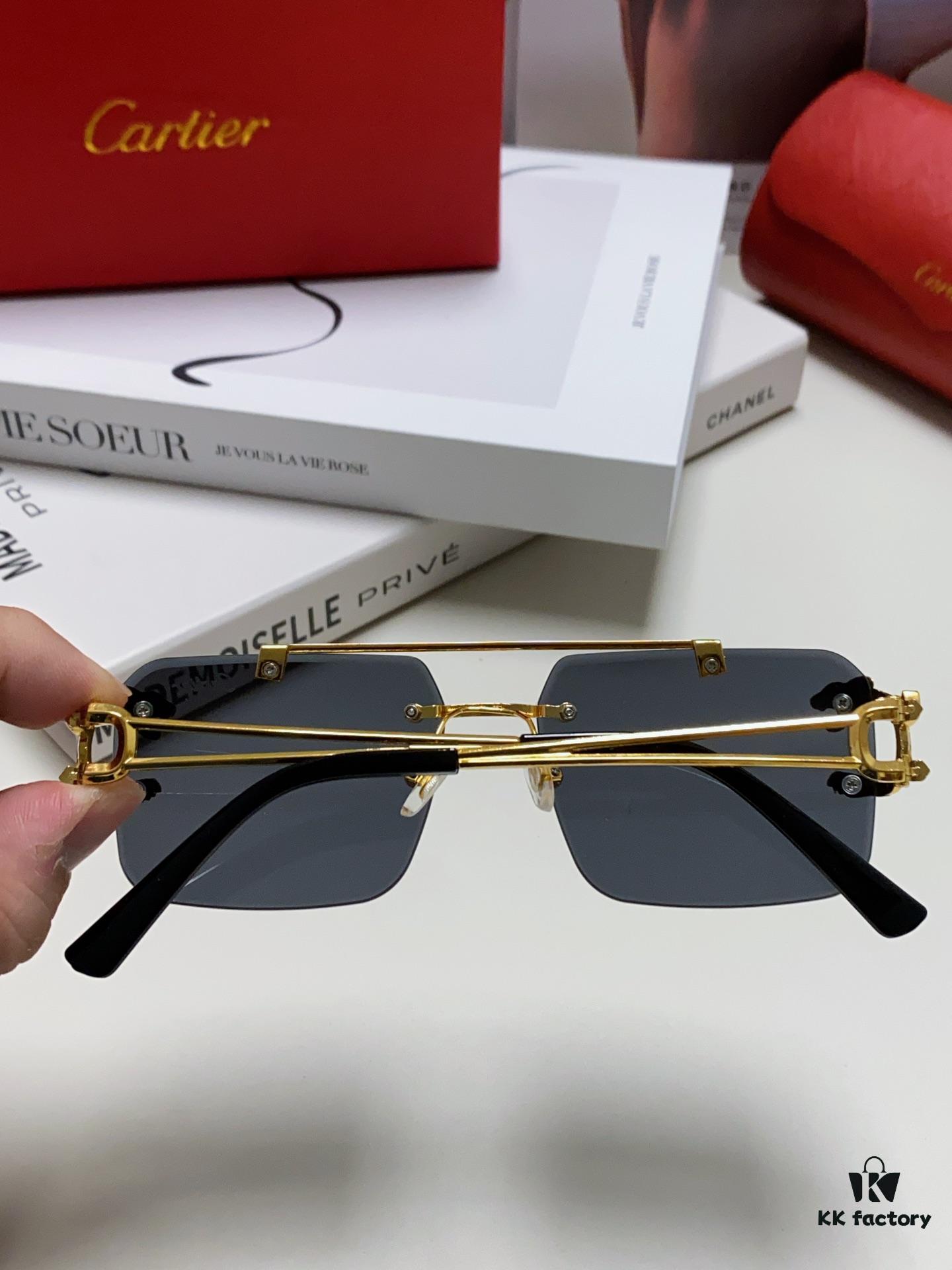 Cartier Unisex Double-Bar Cutout Rimless Sunglasses with Leopard Head Ornament, Vintage Bold and Elegant Style