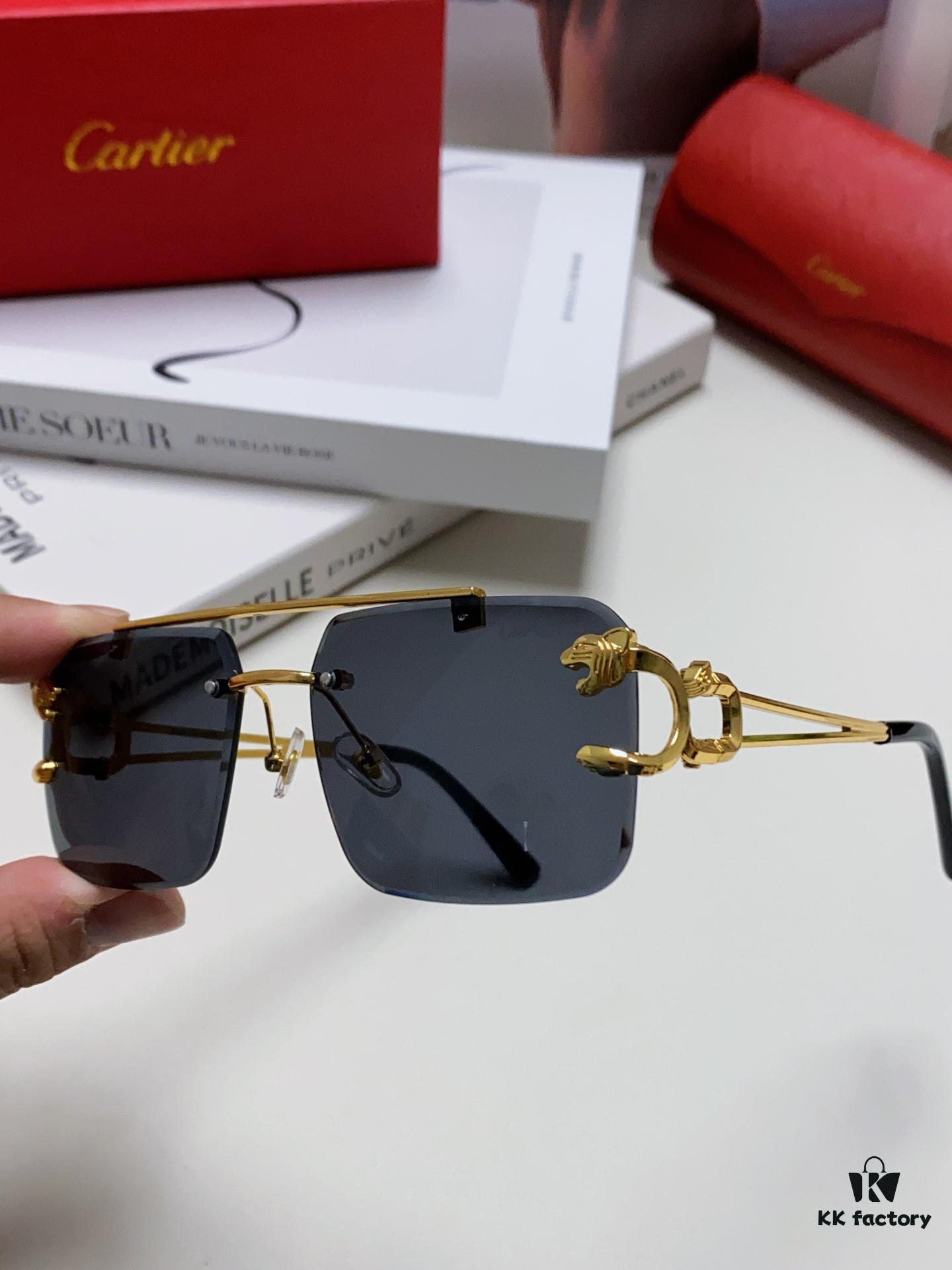 Cartier Unisex Double-Bar Cutout Rimless Sunglasses with Leopard Head Ornament, Vintage Bold and Elegant Style