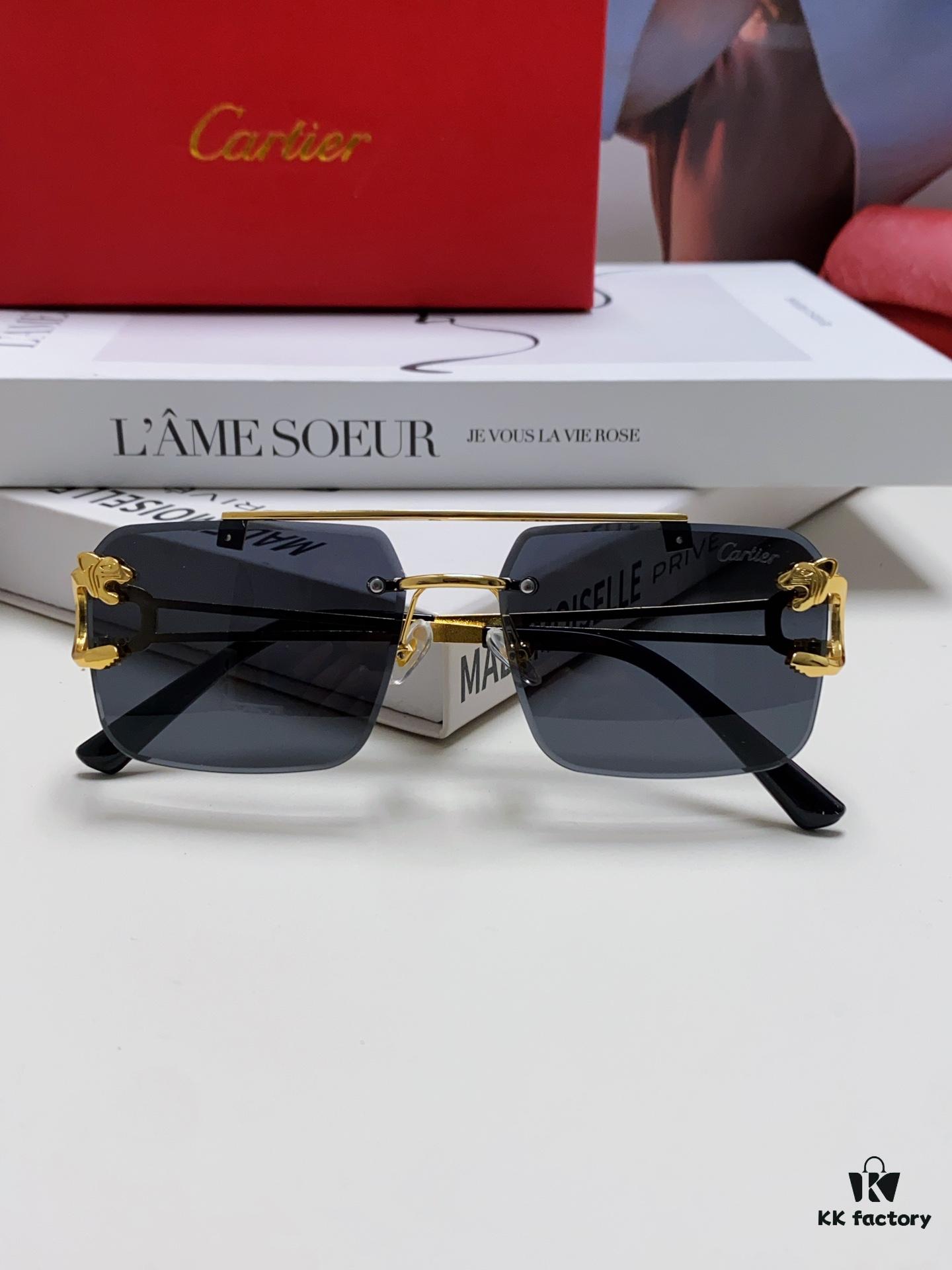 Cartier Unisex Double-Bar Cutout Rimless Sunglasses with Leopard Head Ornament, Vintage Bold and Elegant Style