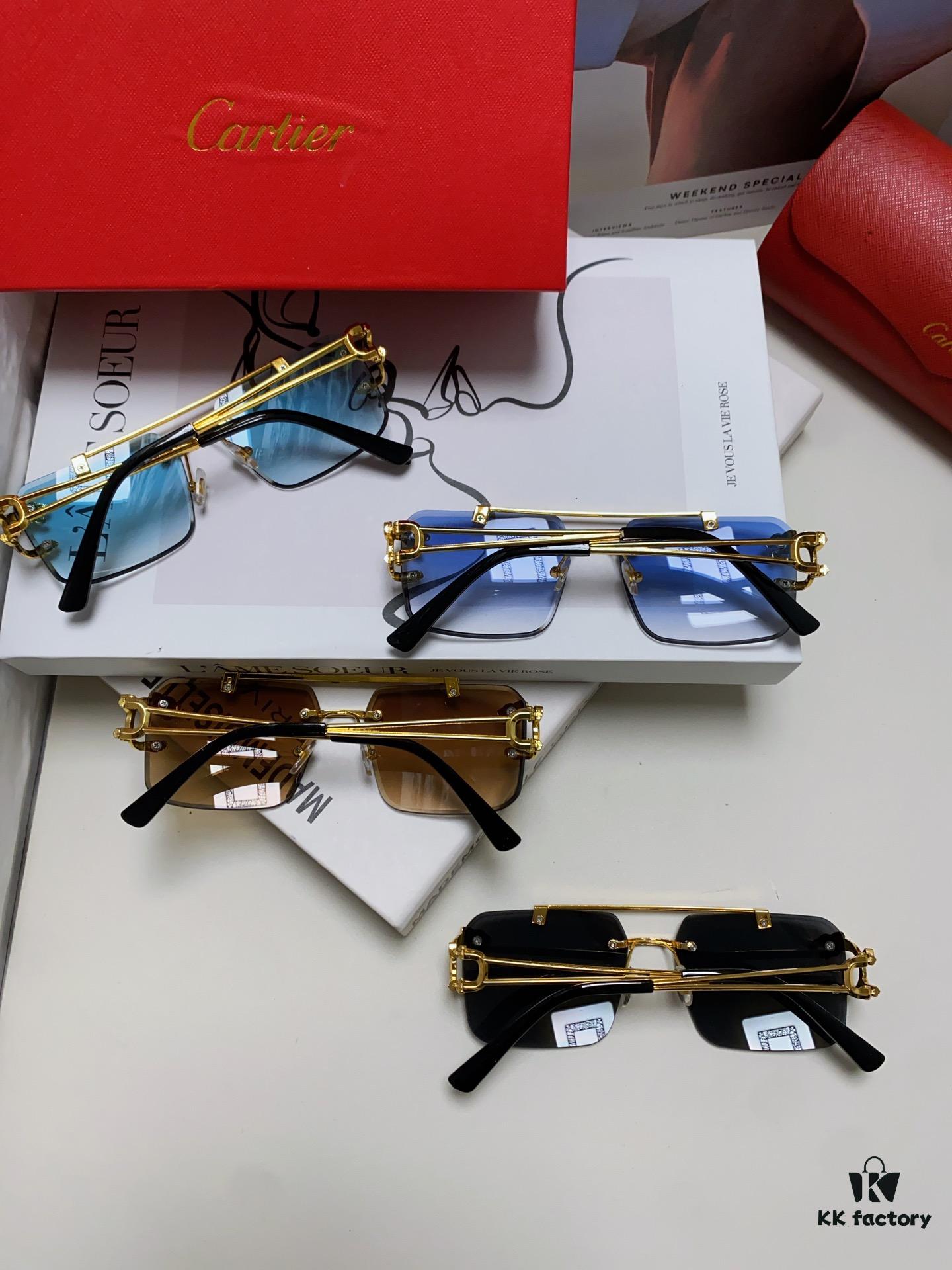 Cartier Unisex Double-Bar Cutout Rimless Sunglasses with Leopard Head Ornament, Vintage Bold and Elegant Style