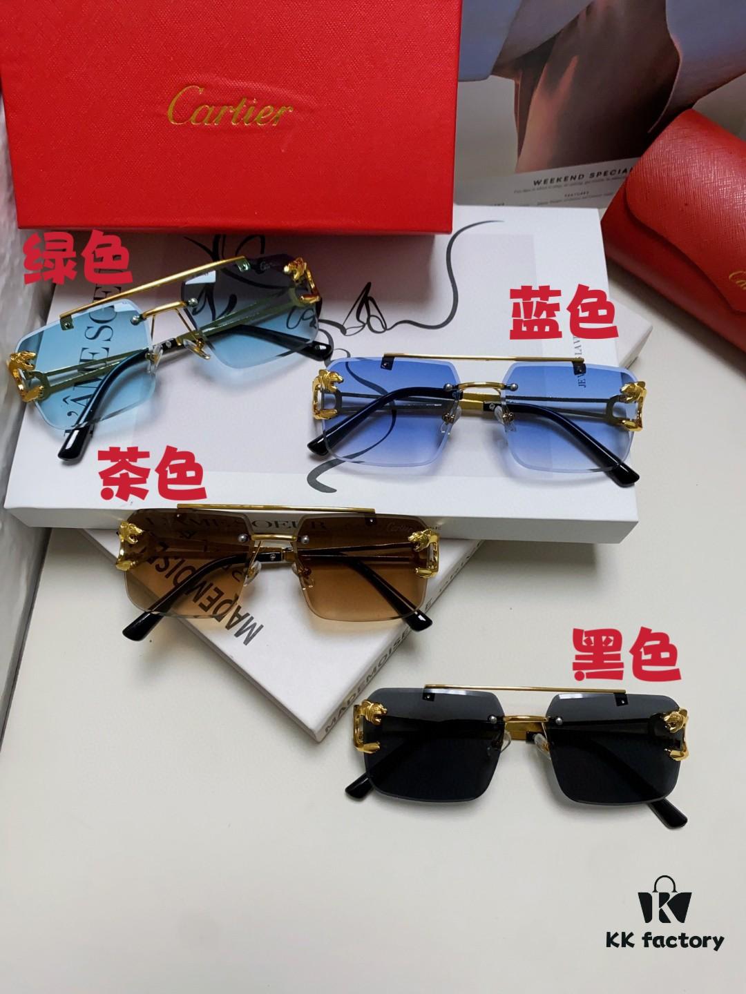 Cartier Unisex Double-Bar Cutout Rimless Sunglasses with Leopard Head Ornament, Vintage Bold and Elegant Style