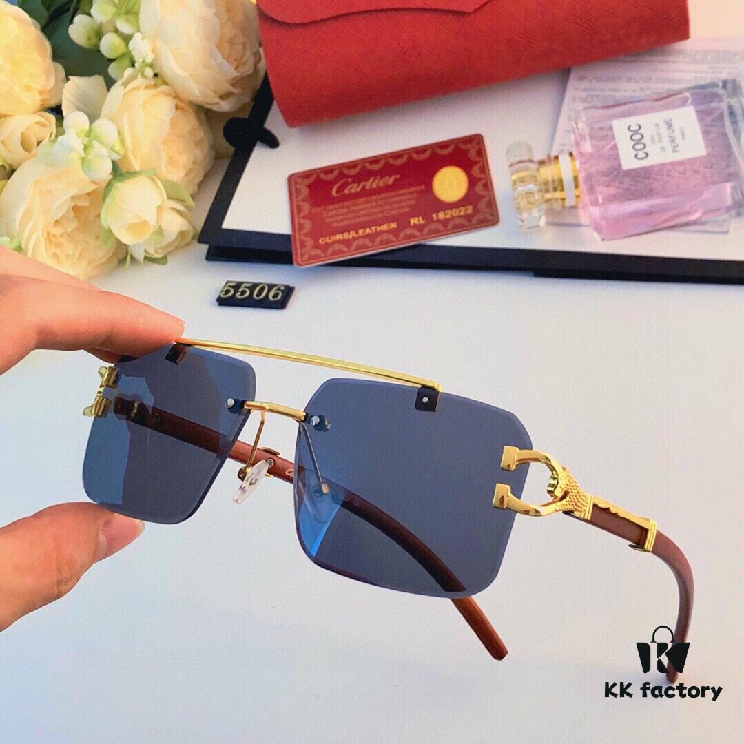 Cartier 2024 New Arrival Frameless Wooden Grain Leopard Print Aviator Sunglasses with Double Bridge and Cut-out Design, Stylish and Unique for Street Photography, Decorative and UV-Protective