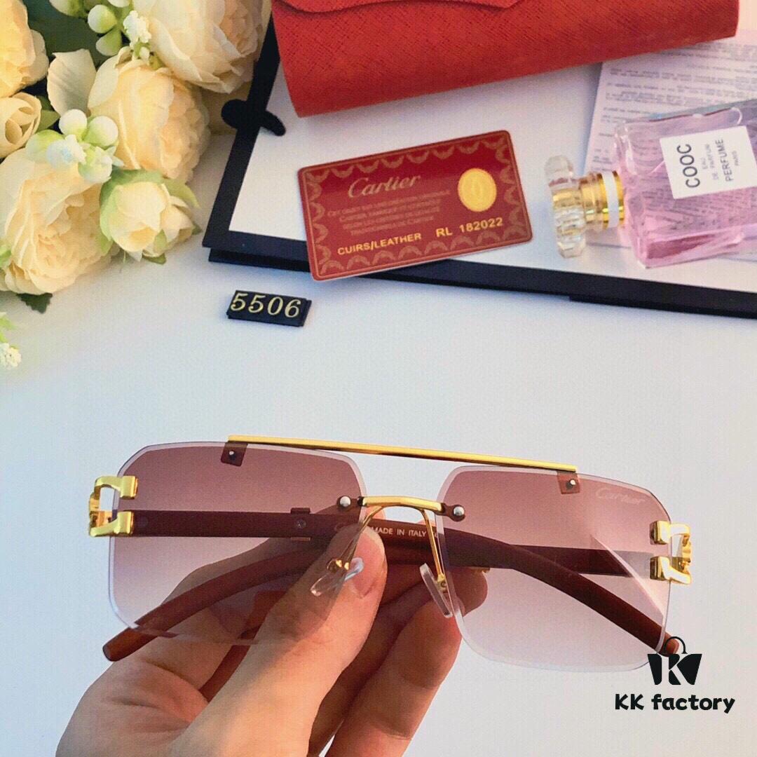 Cartier 2024 New Arrival Frameless Wooden Grain Leopard Print Aviator Sunglasses with Double Bridge and Cut-out Design, Stylish and Unique for Street Photography, Decorative and UV-Protective