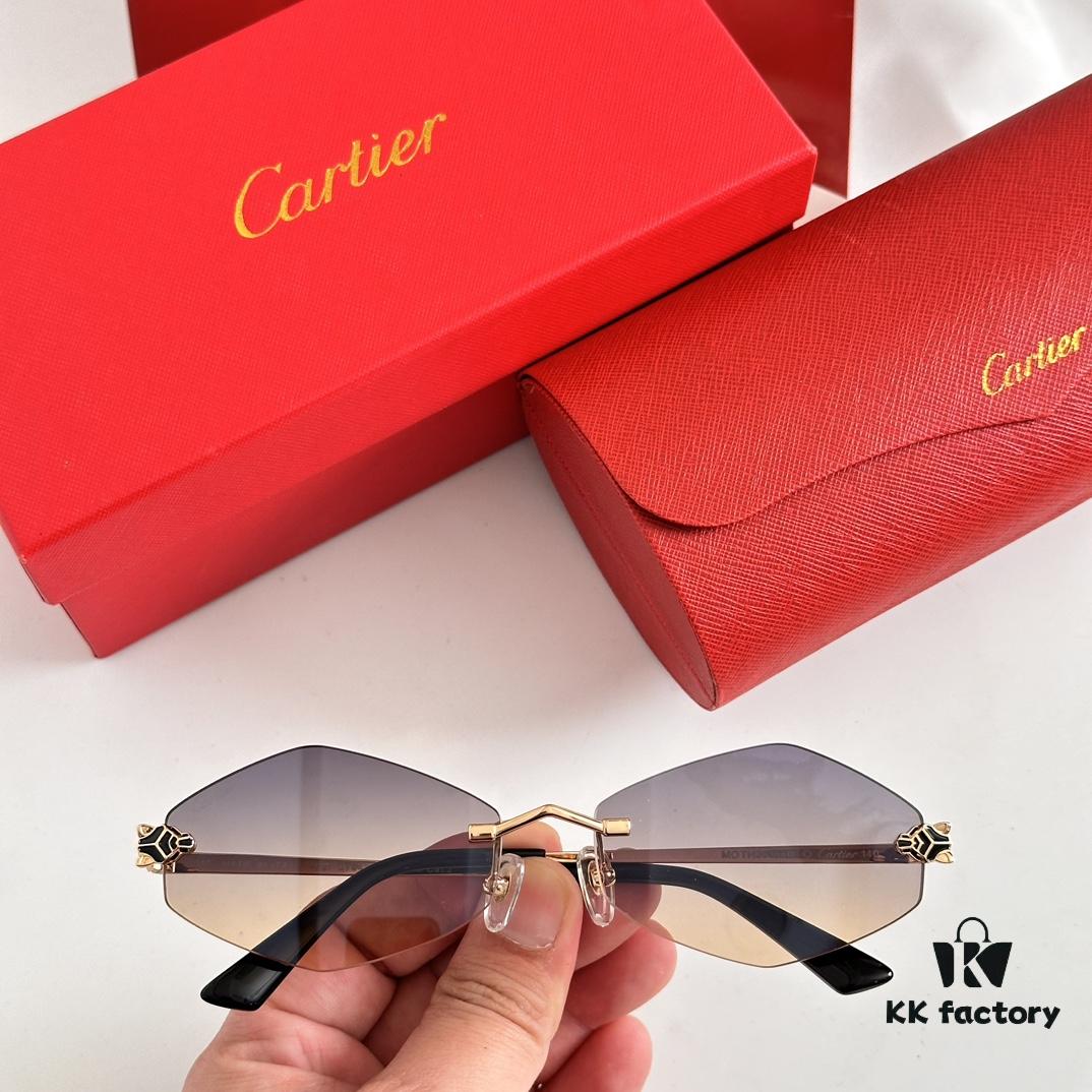 Authentic Version Arrived, Original Zeiss Dual-Tone Lenses, Cartier CT0433S, Size 55-22-140, Almond-Shaped Frame, Polished Gold Finish, Cheetah Sunglasses