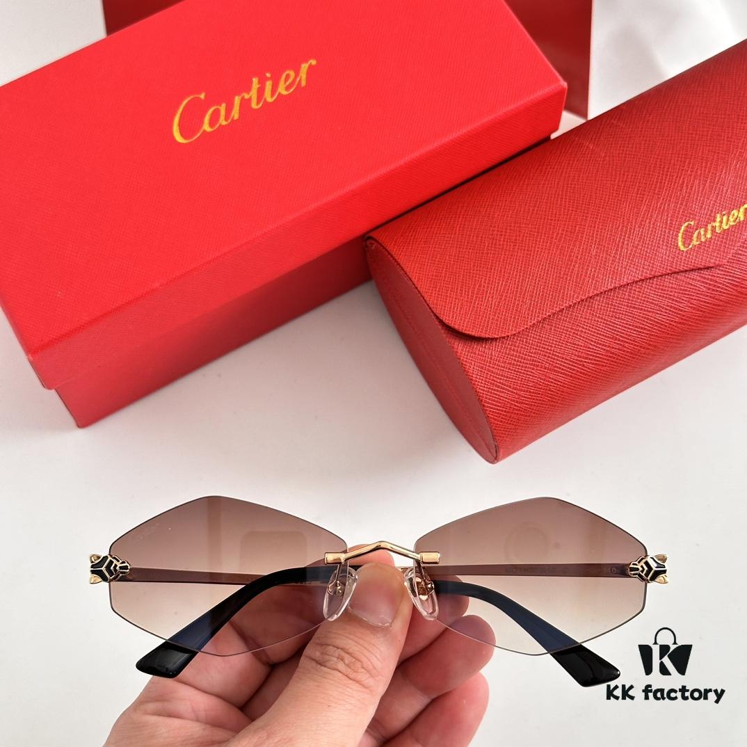 Authentic Version Arrived, Original Zeiss Dual-Tone Lenses, Cartier CT0433S, Size 55-22-140, Almond-Shaped Frame, Polished Gold Finish, Cheetah Sunglasses