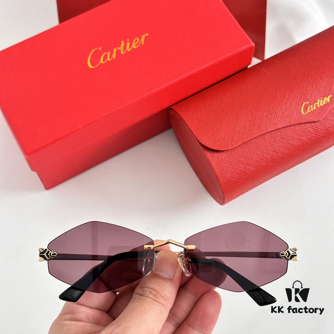 Authentic Version Arrived, Original Zeiss Dual-Tone Lenses, Cartier CT0433S, Size 55-22-140, Almond-Shaped Frame, Polished Gold Finish, Cheetah Sunglasses