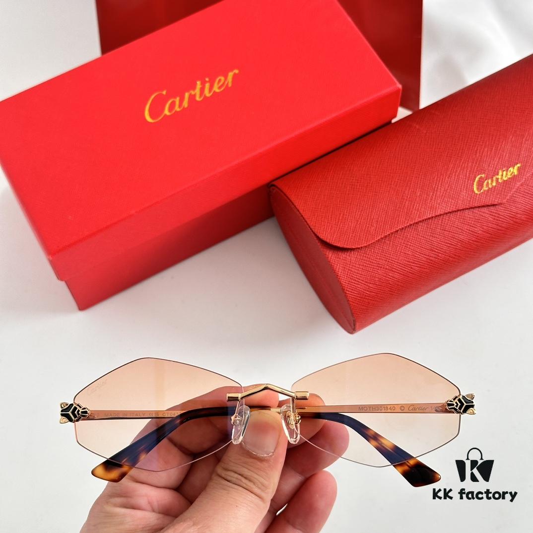Authentic Version Arrived, Original Zeiss Dual-Tone Lenses, Cartier CT0433S, Size 55-22-140, Almond-Shaped Frame, Polished Gold Finish, Cheetah Sunglasses