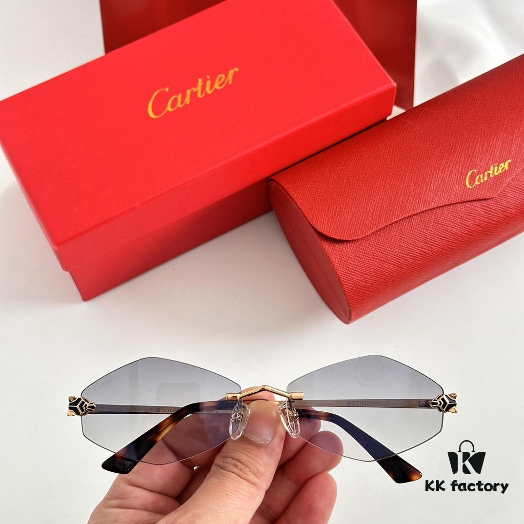 Authentic Version Arrived, Original Zeiss Dual-Tone Lenses, Cartier CT0433S, Size 55-22-140, Almond-Shaped Frame, Polished Gold Finish, Cheetah Sunglasses