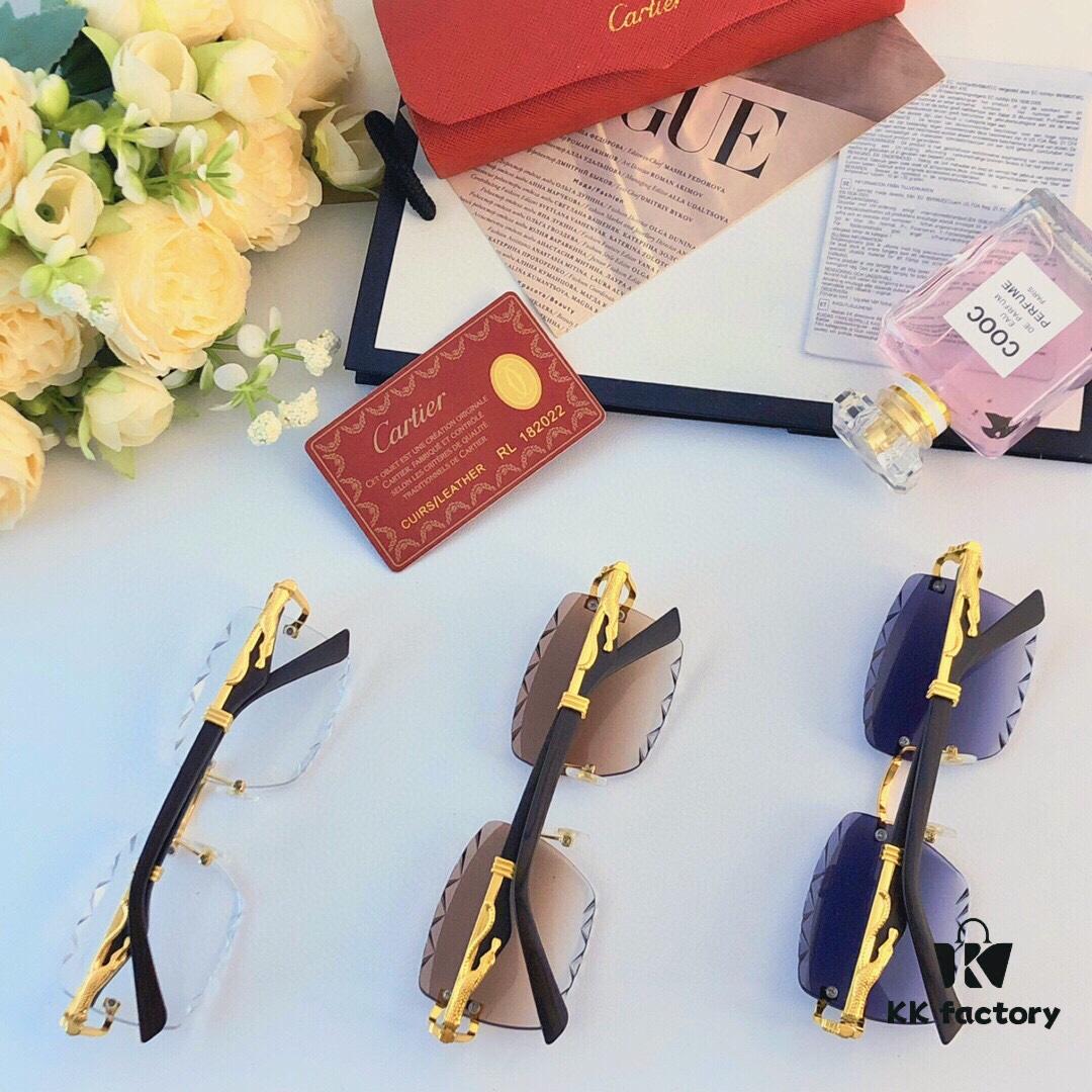 Cartier New Retro Panther Head Metal Sunglasses with Leopard Decoration, Frameless Cut Square Sunglasses