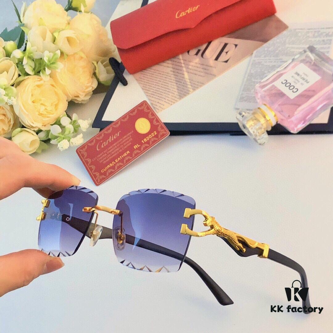 Cartier New Retro Panther Head Metal Sunglasses with Leopard Decoration, Frameless Cut Square Sunglasses