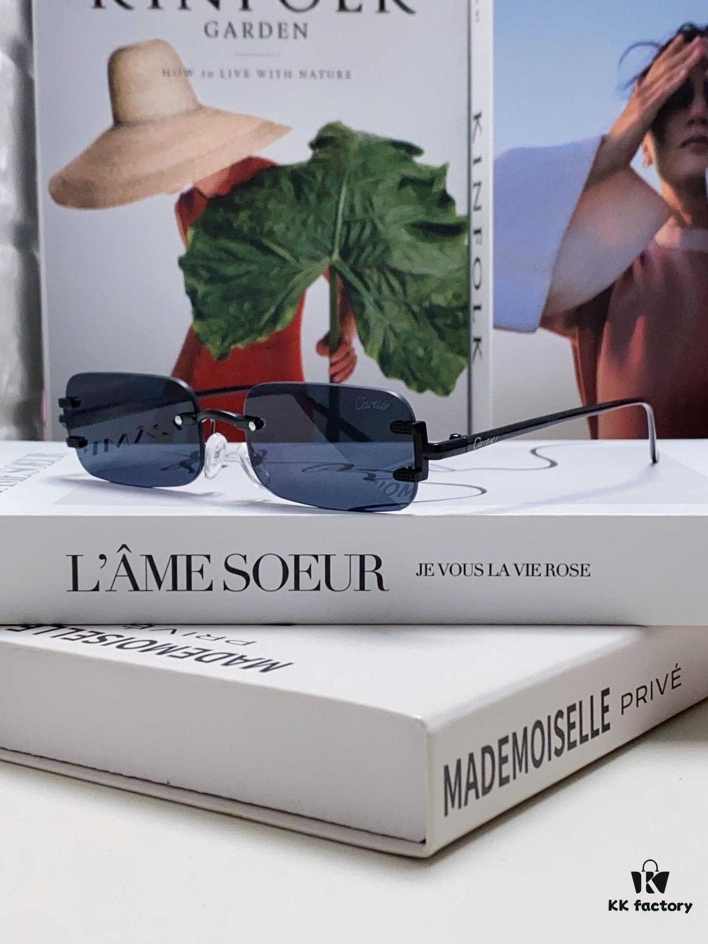 Cartier 2024 New Arrival Square Rimless Cut-Out Sunglasses for Women, Slimming, Fashionable European and American Style, INS-Inspired Street Snap Trendy Sunglasses, Stylish Small Eyewear