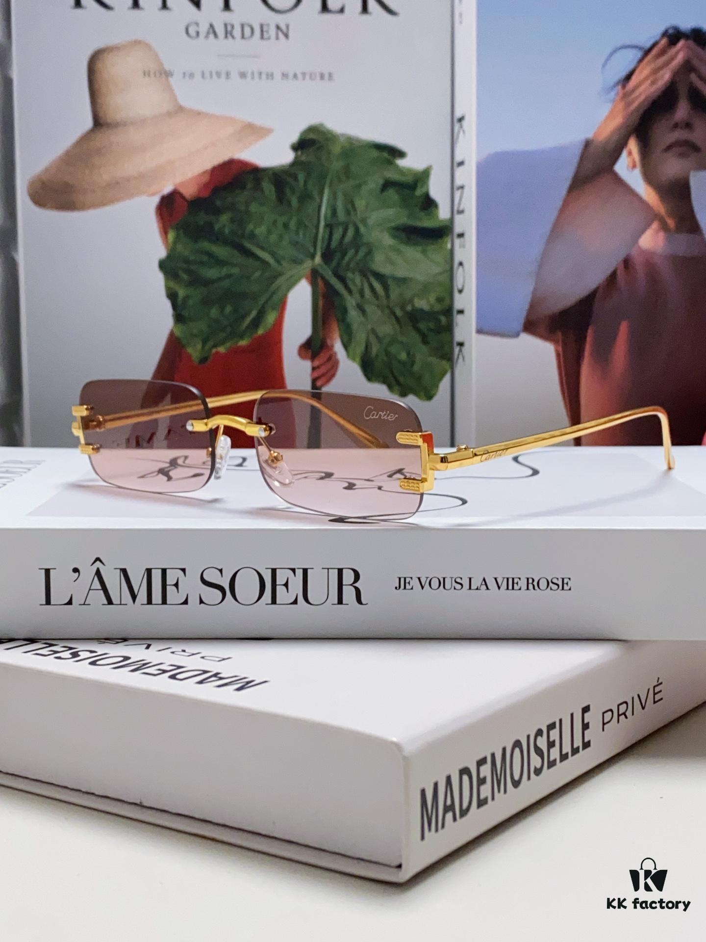 Cartier 2024 New Arrival Square Frameless Cut-Out Sunglasses for Women, Slimming, Fashionable European-American Style, Instagram-Worthy Street Snap Chic Sunglasses, Stylish Small Eyewear