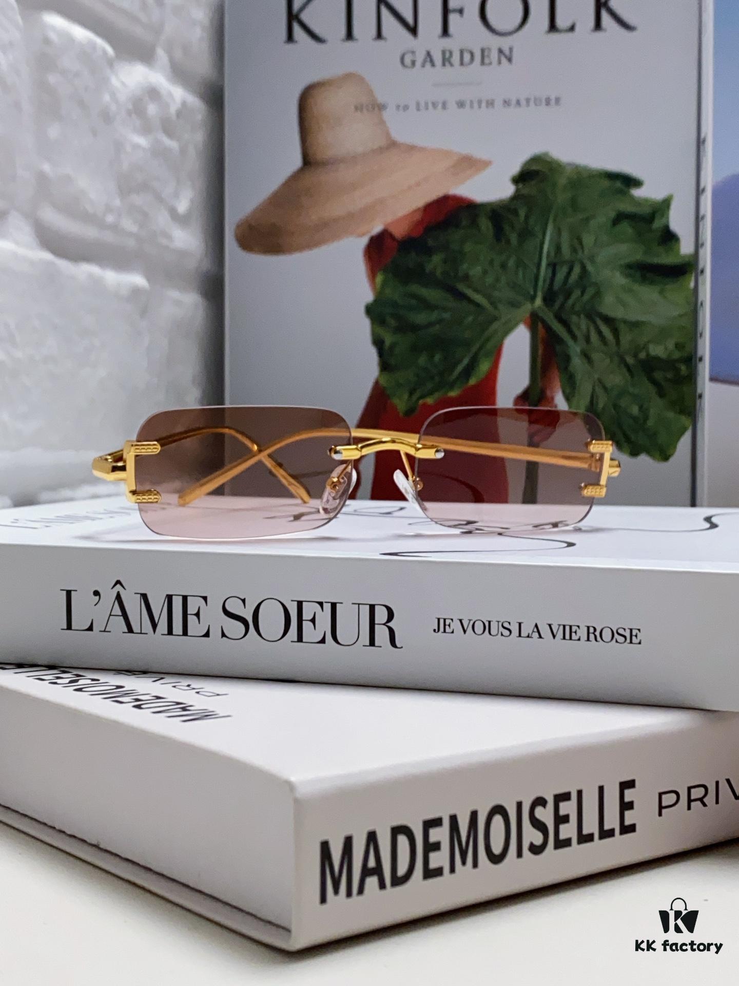 Cartier 2024 New Arrival Square Frameless Cut-Out Sunglasses for Women, Slimming, Fashionable European-American Style, Instagram-Worthy Street Snap Chic Sunglasses, Stylish Small Eyewear