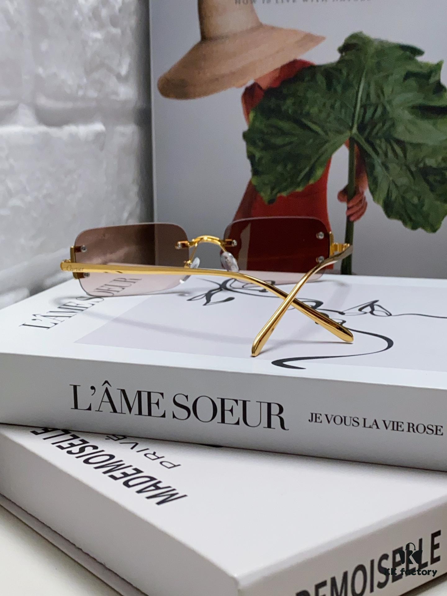 Cartier 2024 New Arrival Square Frameless Cut-Out Sunglasses for Women, Slimming, Fashionable European-American Style, Instagram-Worthy Street Snap Chic Sunglasses, Stylish Small Eyewear