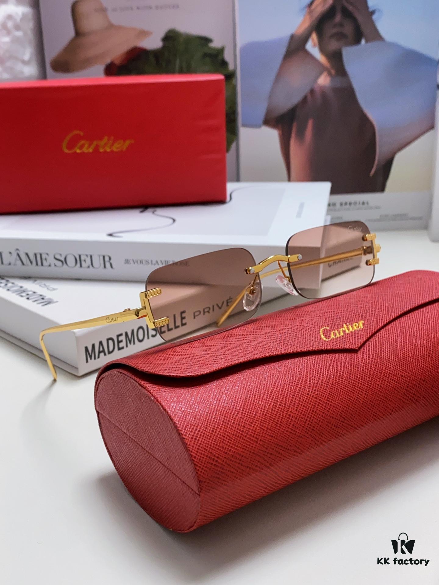 Cartier 2024 New Arrival Square Frameless Cut-Out Sunglasses for Women, Slimming, Fashionable European-American Style, Instagram-Worthy Street Snap Chic Sunglasses, Stylish Small Eyewear