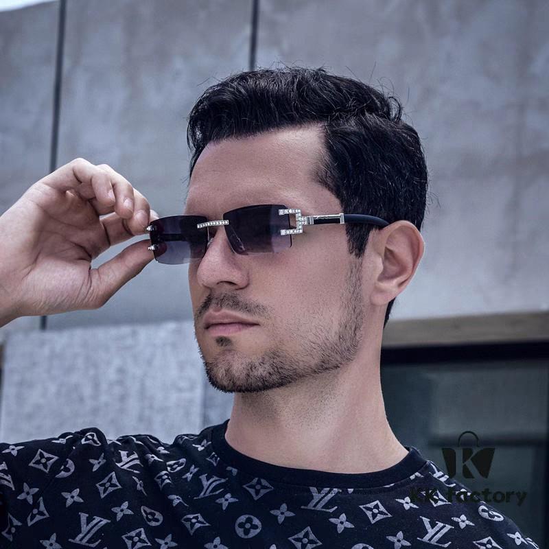 Cartier 2024 New Retro Wooden-Leg Inspired Sunglasses, Frameless Diamond-Paved Fashion Unisex Sun Glasses for Men and Women