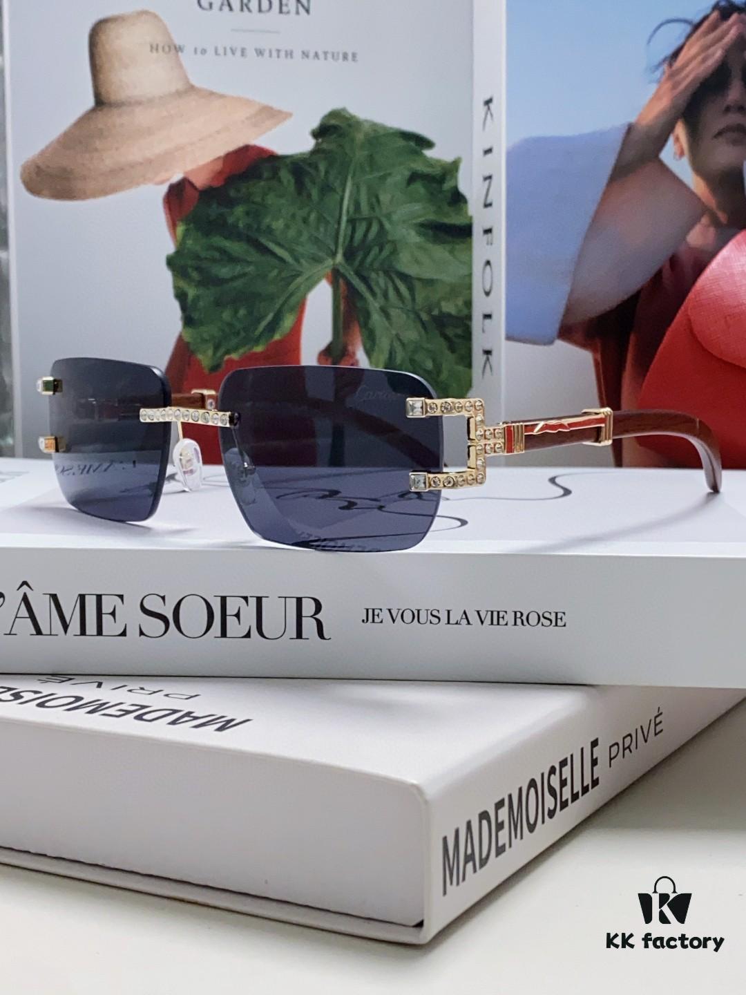 Cartier 2024 New Retro Wooden-Leg Inspired Sunglasses, Frameless Diamond-Paved Fashion Unisex Sun Glasses for Men and Women