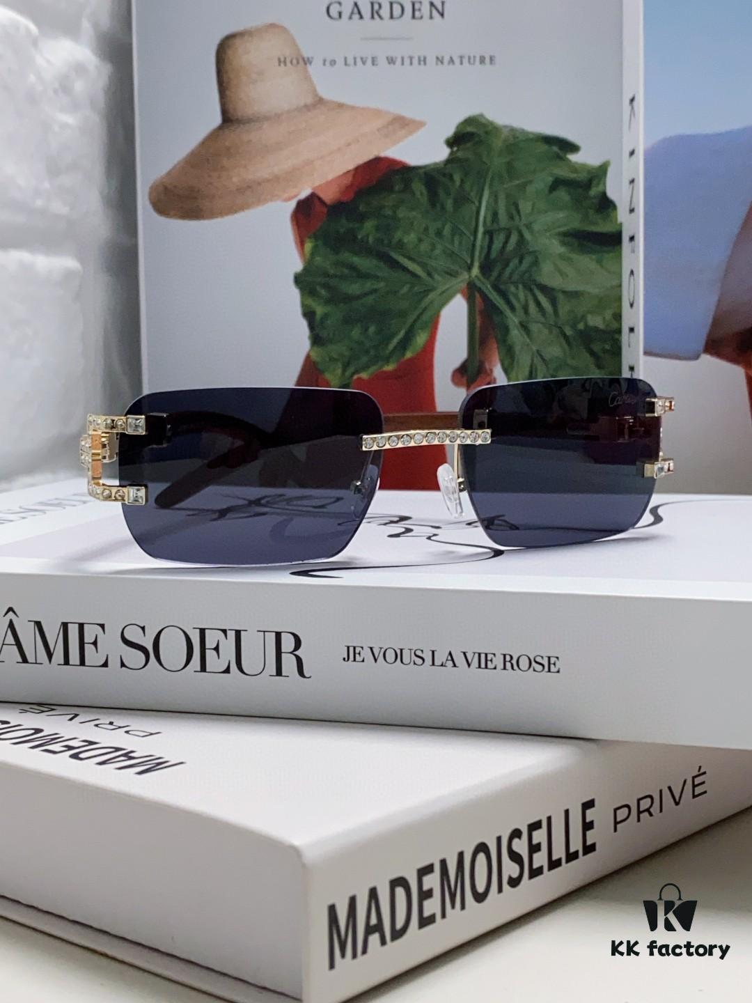 Cartier 2024 New Retro Wooden-Leg Inspired Sunglasses, Frameless Diamond-Paved Fashion Unisex Sun Glasses for Men and Women