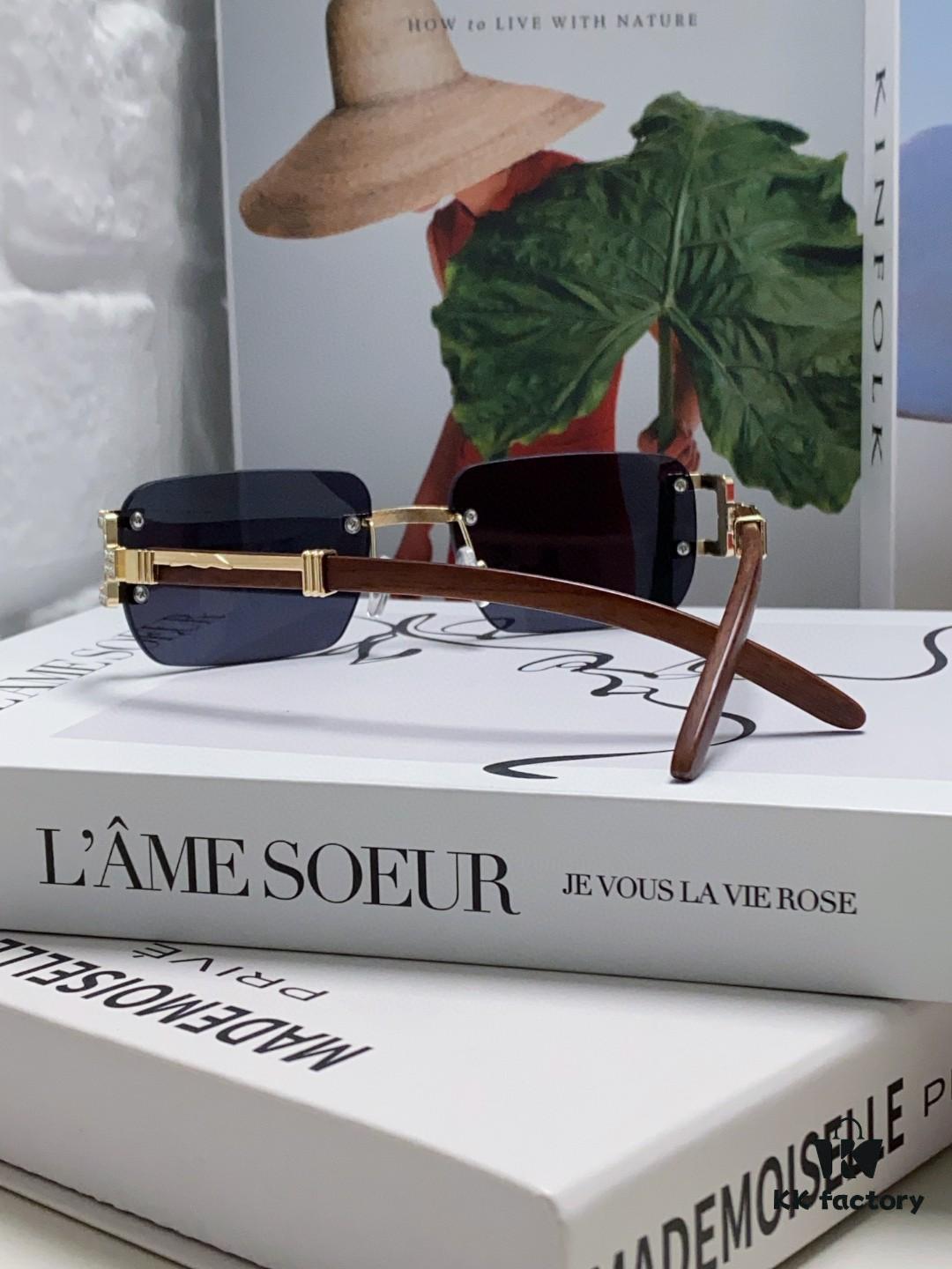 Cartier 2024 New Retro Wooden-Leg Inspired Sunglasses, Frameless Diamond-Paved Fashion Unisex Sun Glasses for Men and Women