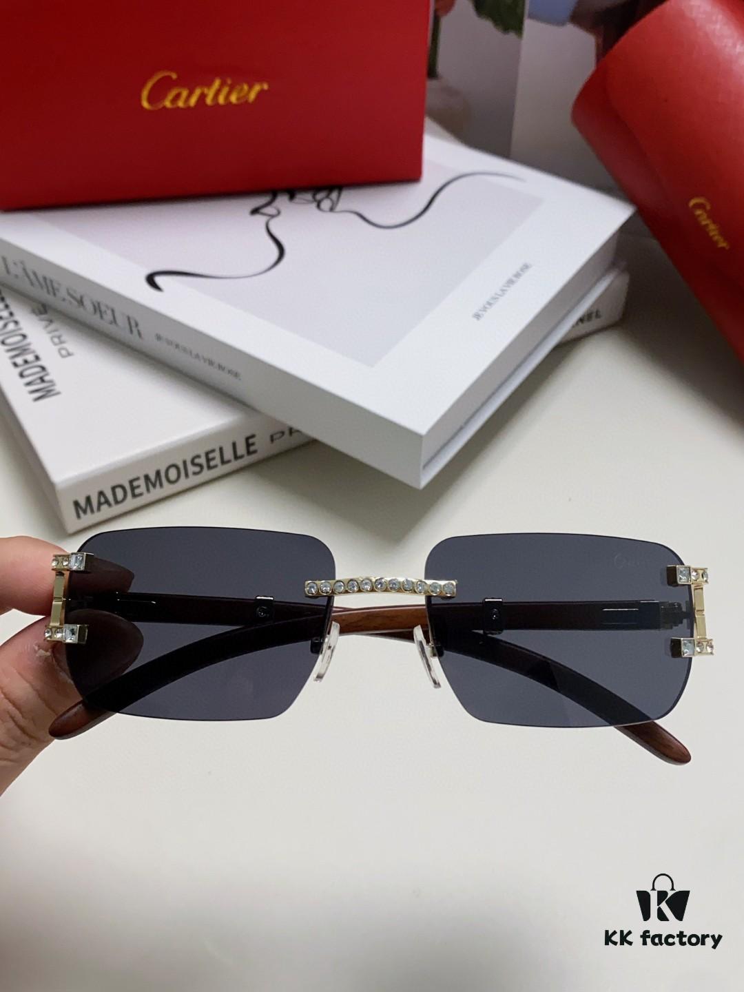 Cartier 2024 New Retro Wooden-Leg Inspired Sunglasses, Frameless Diamond-Paved Fashion Unisex Sun Glasses for Men and Women