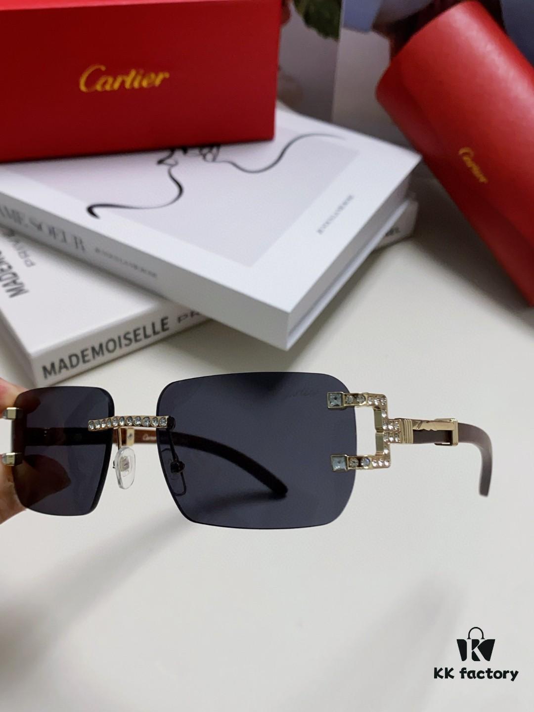 Cartier 2024 New Retro Wooden-Leg Inspired Sunglasses, Frameless Diamond-Paved Fashion Unisex Sun Glasses for Men and Women